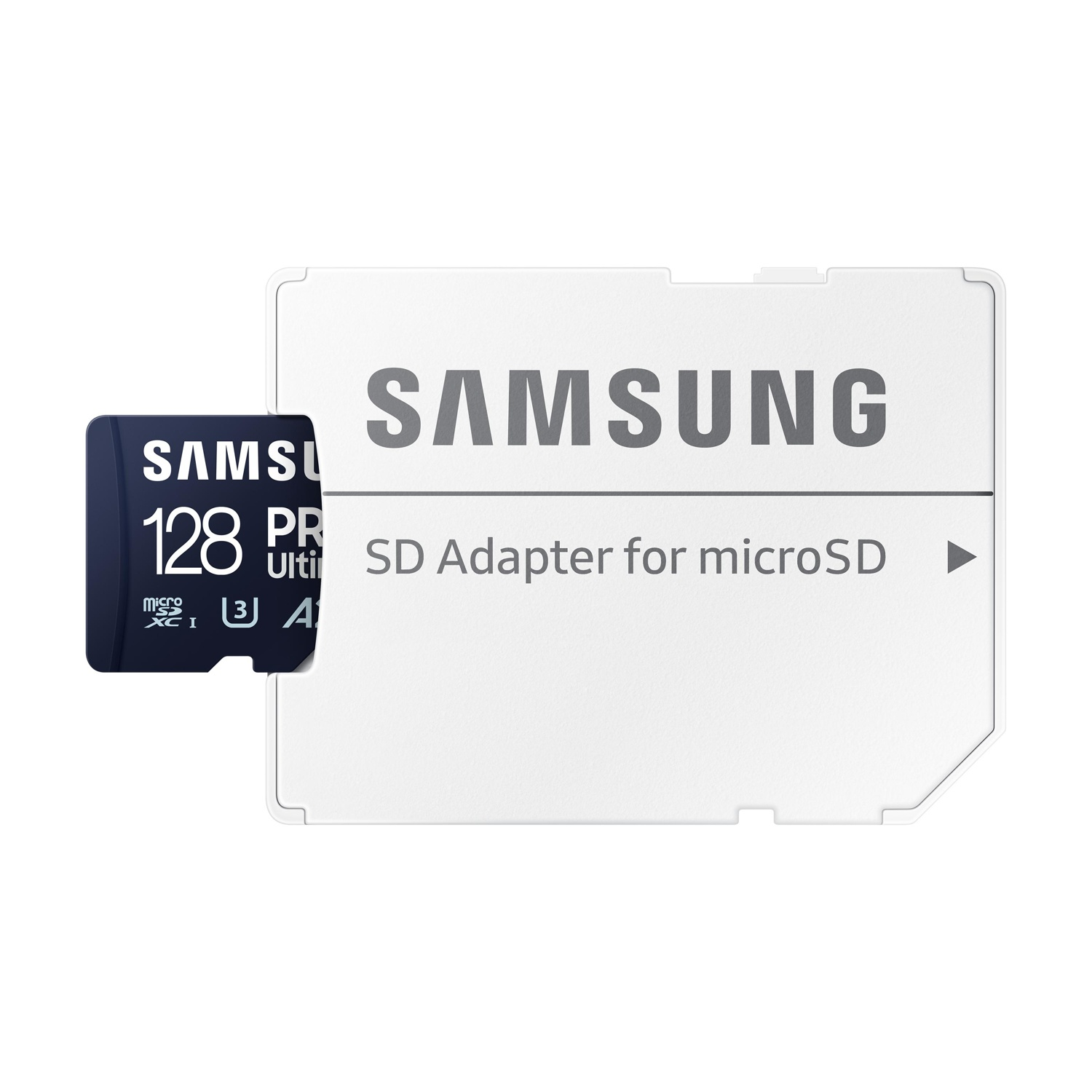 Una scheda microSD Samsung da 128 GB e un adattatore SD.