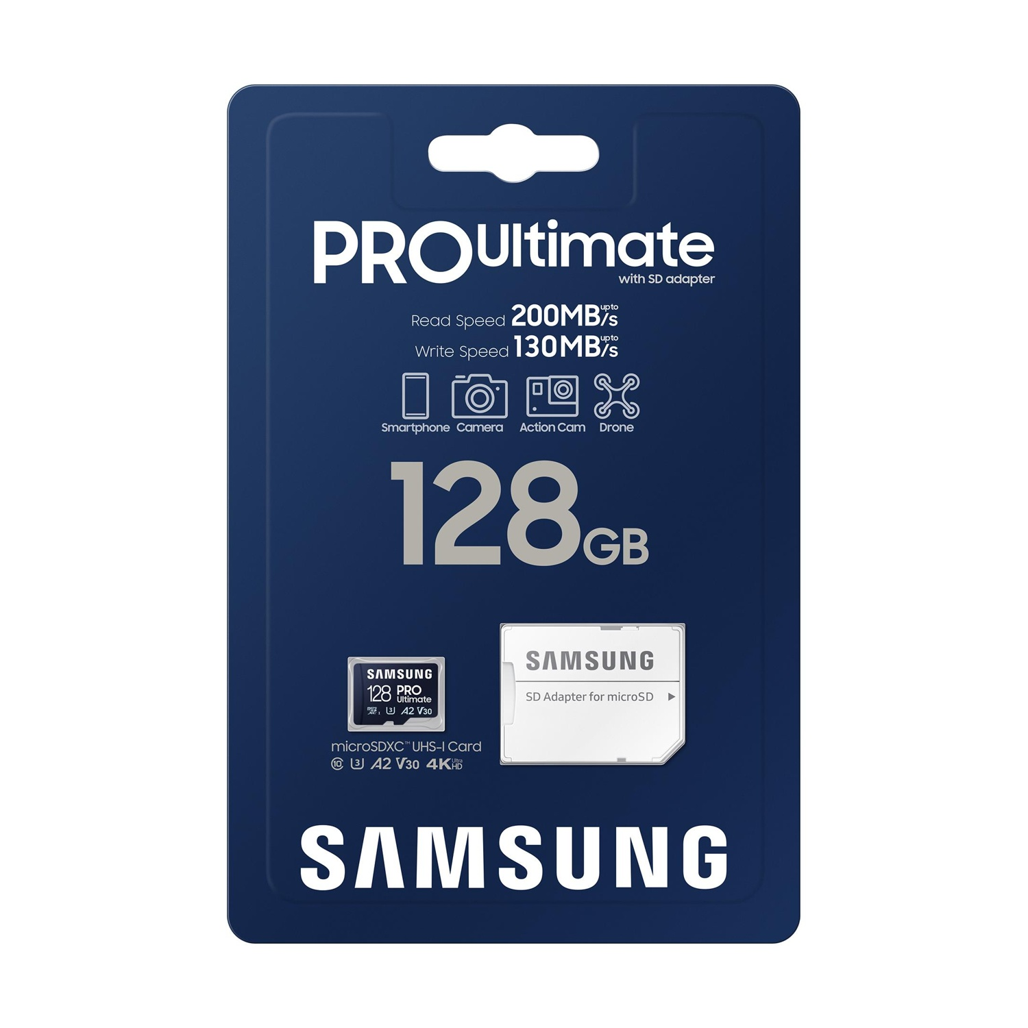 Scheda PROUltimate da 128GB microSDXC con adattatore SD. Lettura 200MB/s, Scrittura 130MB/s.
