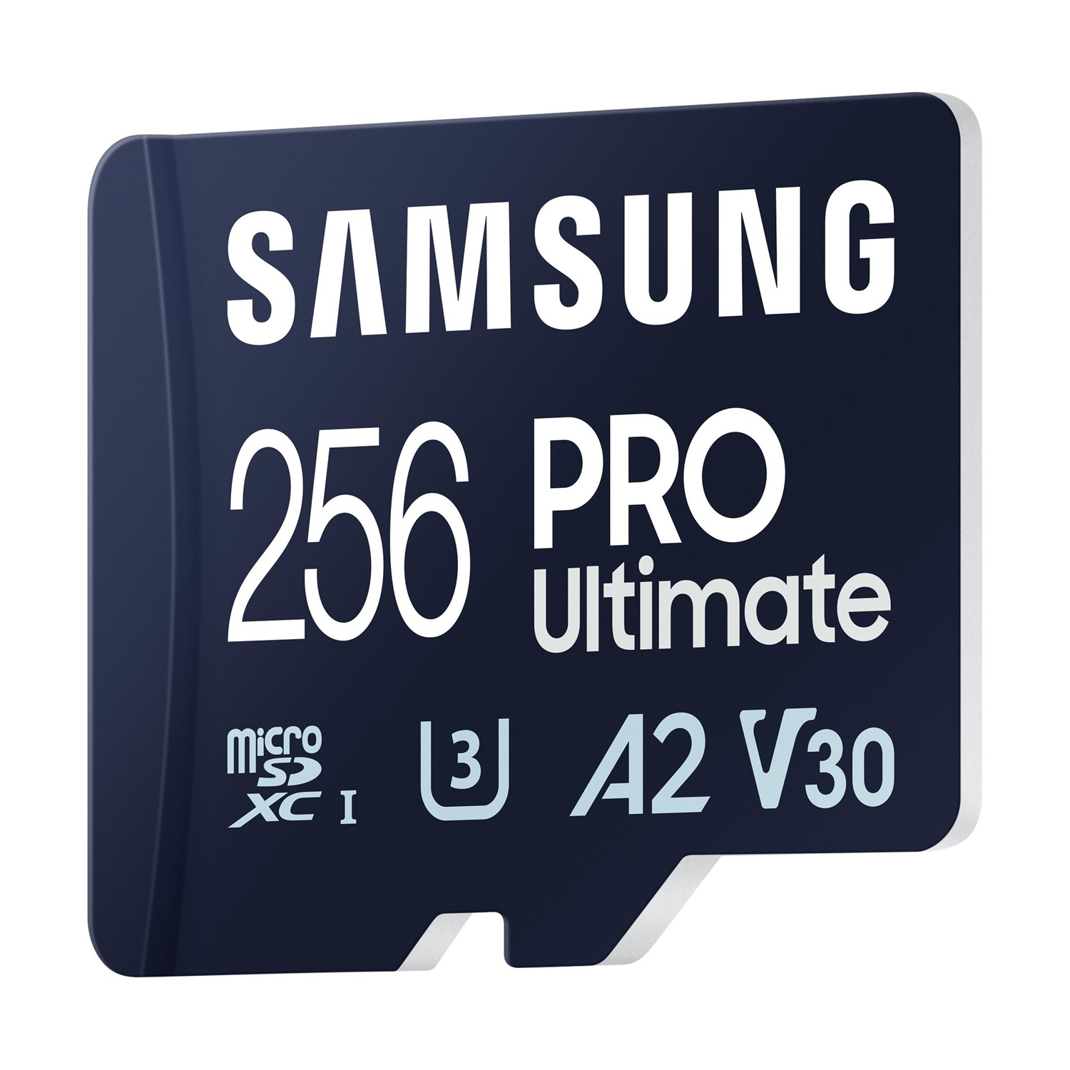 Scheda MicroSD blu scuro con testo bianco: Samsung 256 Pro Ultimate A2 V30.