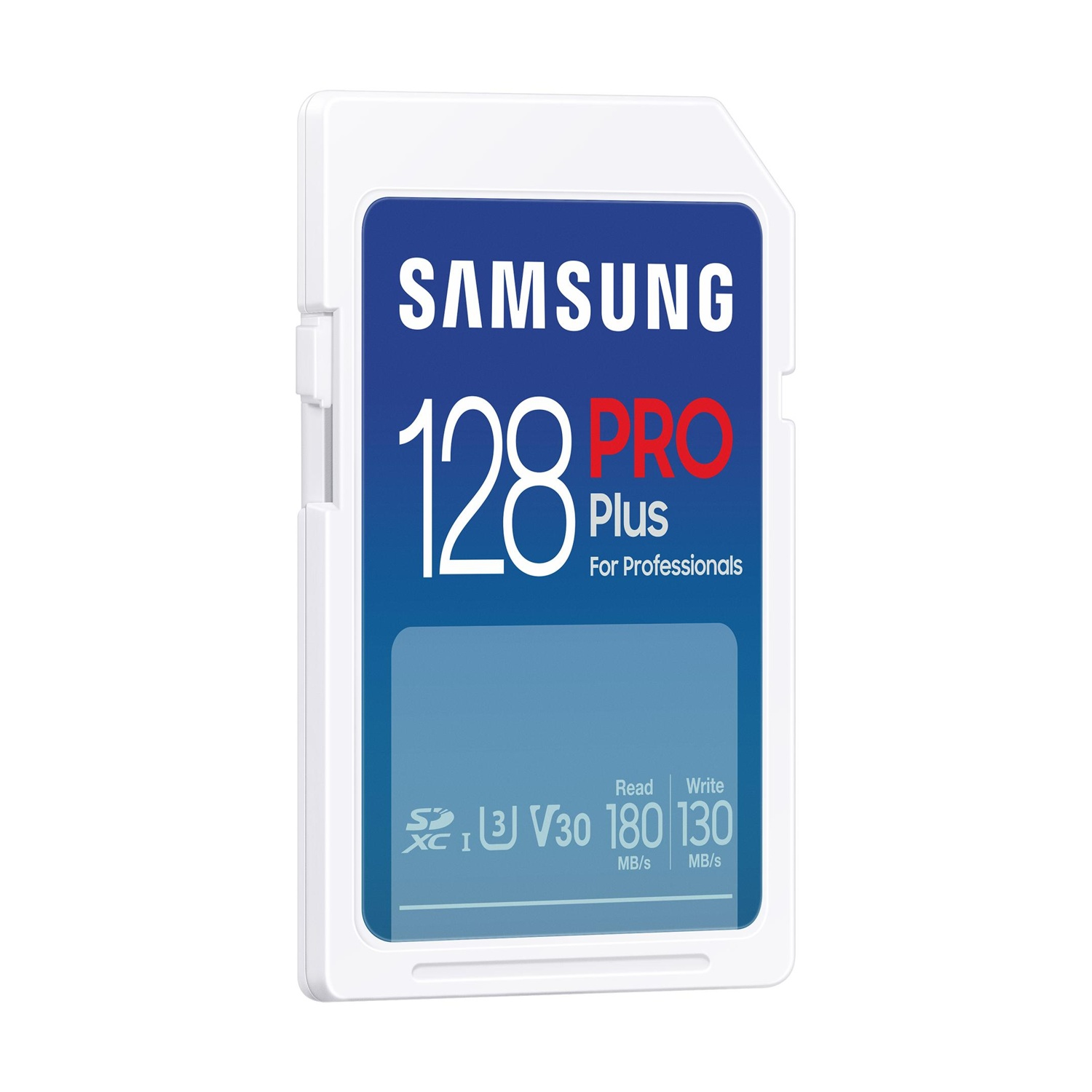 Scheda SD Samsung bianca da 128 GB con etichetta blu e specifiche.