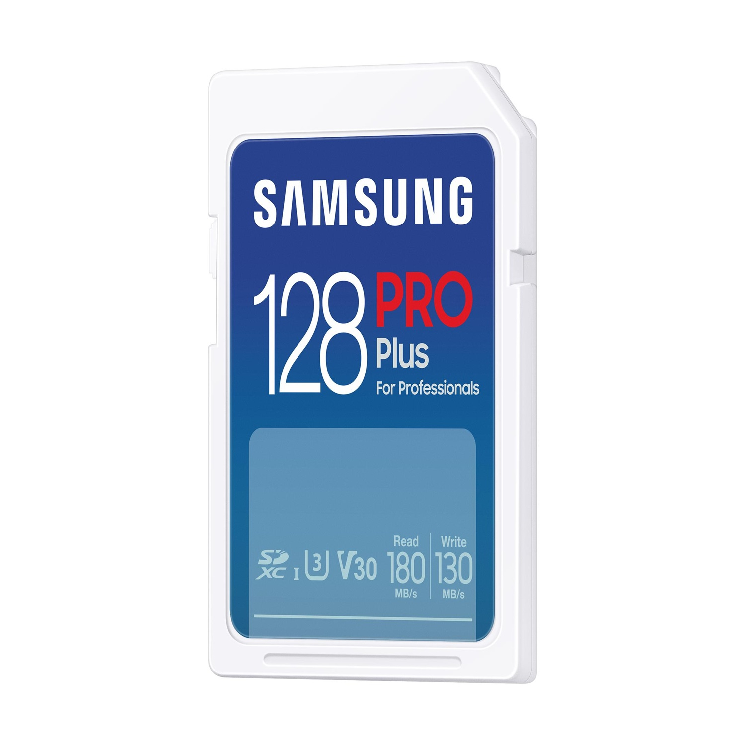 Scheda SD Samsung bianca da 128 GB con etichetta blu che mostra testo PRO e valutazioni di velocità.