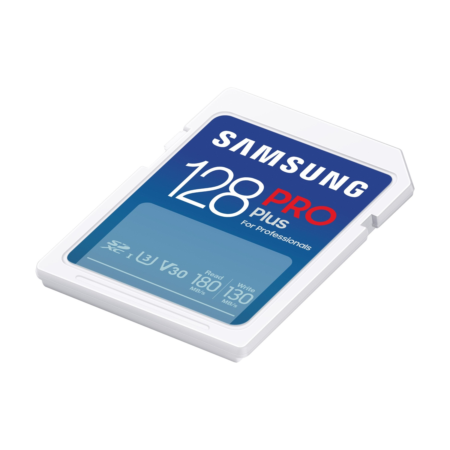 Scheda SD Samsung 128GB Pro Plus, lettura 180MB/s, scrittura 130MB/s.