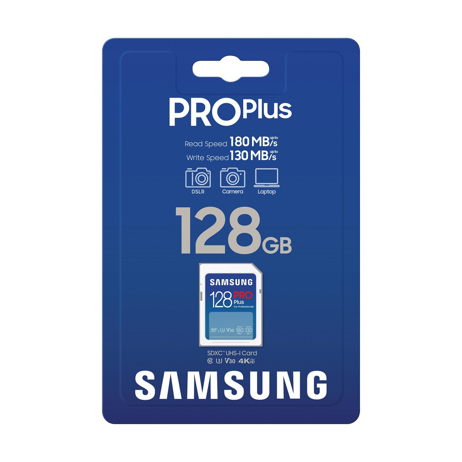 Scheda Samsung PRO Plus 128GB SDXC in confezione, con velocità lettura/scrittura 180/130 MB/s.