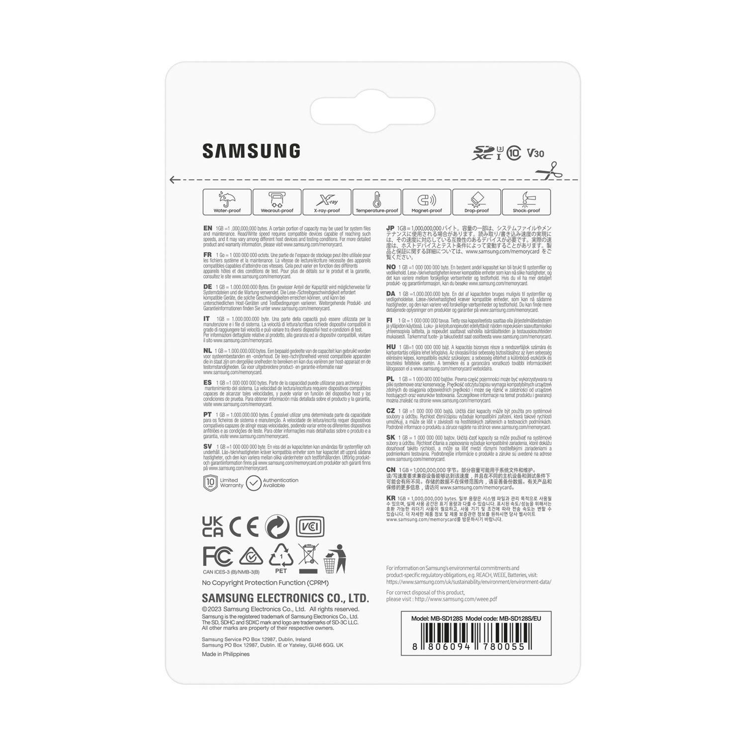 Scheda di memoria Samsung con icone per resistenza acqua, urti, raggi X e temperatura.