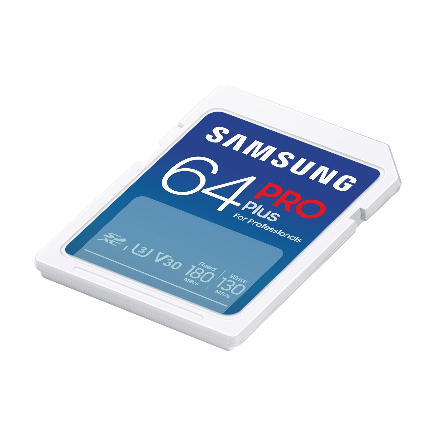 Scheda di memoria Samsung 64GB PRO Plus SDXC, lettura 180MB/s, scrittura 130MB/s.