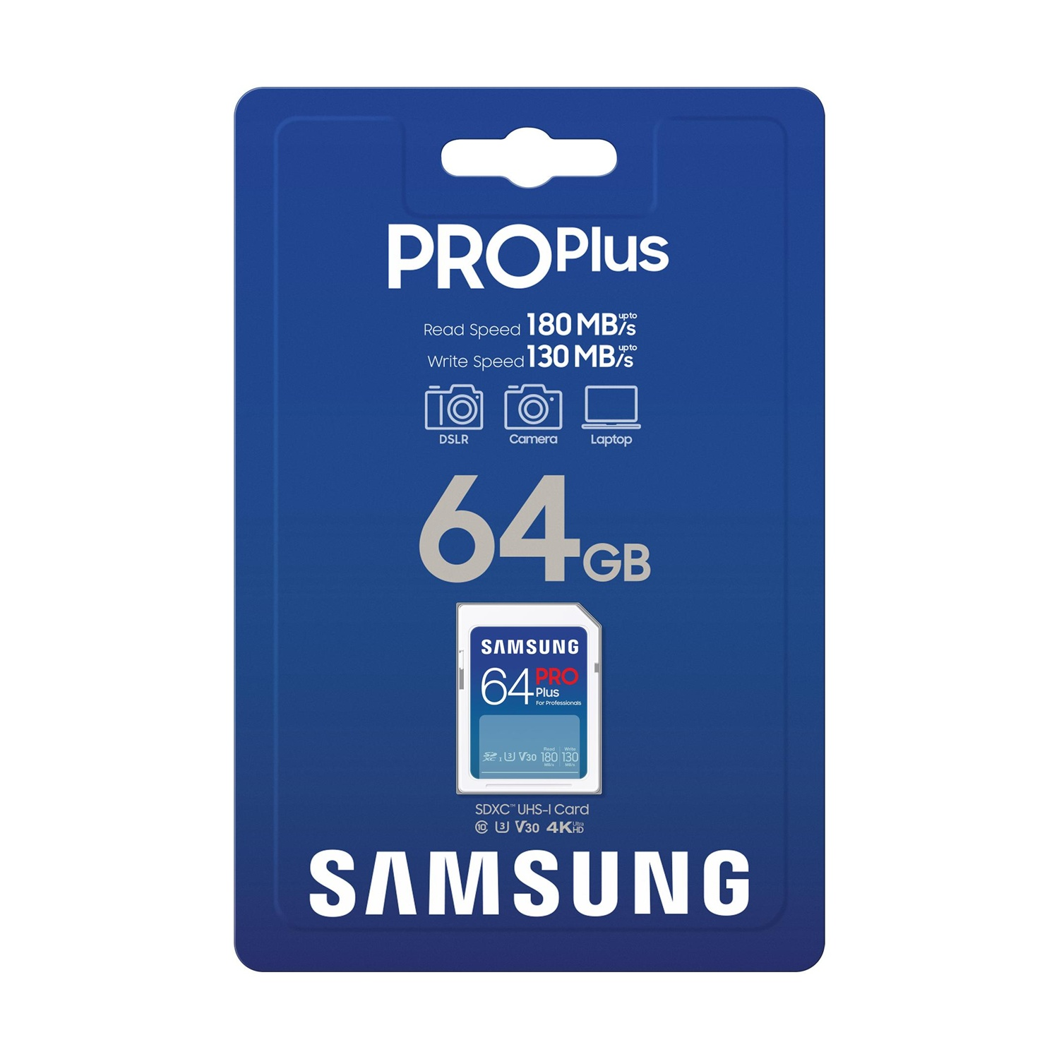 Scheda di memoria Samsung PRO Plus 64GB SDXC, 180MB/s lettura, 130MB/s scrittura.
