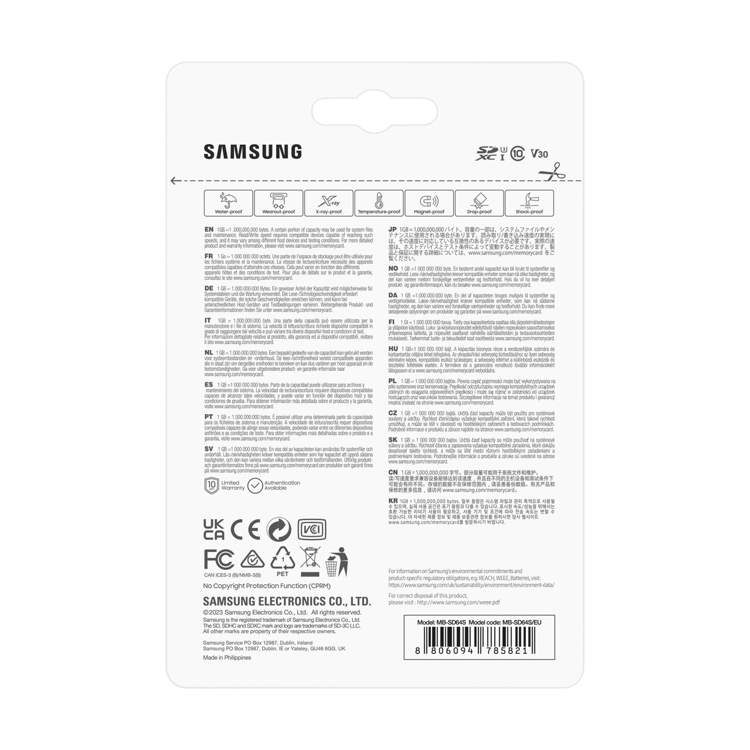 Scheda di memoria Samsung con varie protezioni e specifiche tecniche.