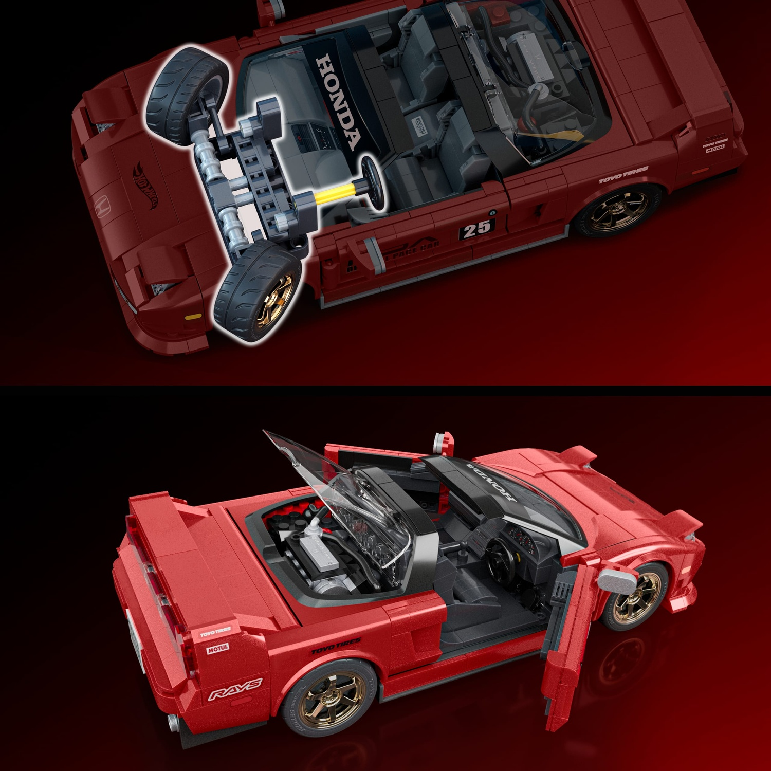 Modello di auto sportiva Lego rossa con porte e cofano aperti, vista dettagliata.