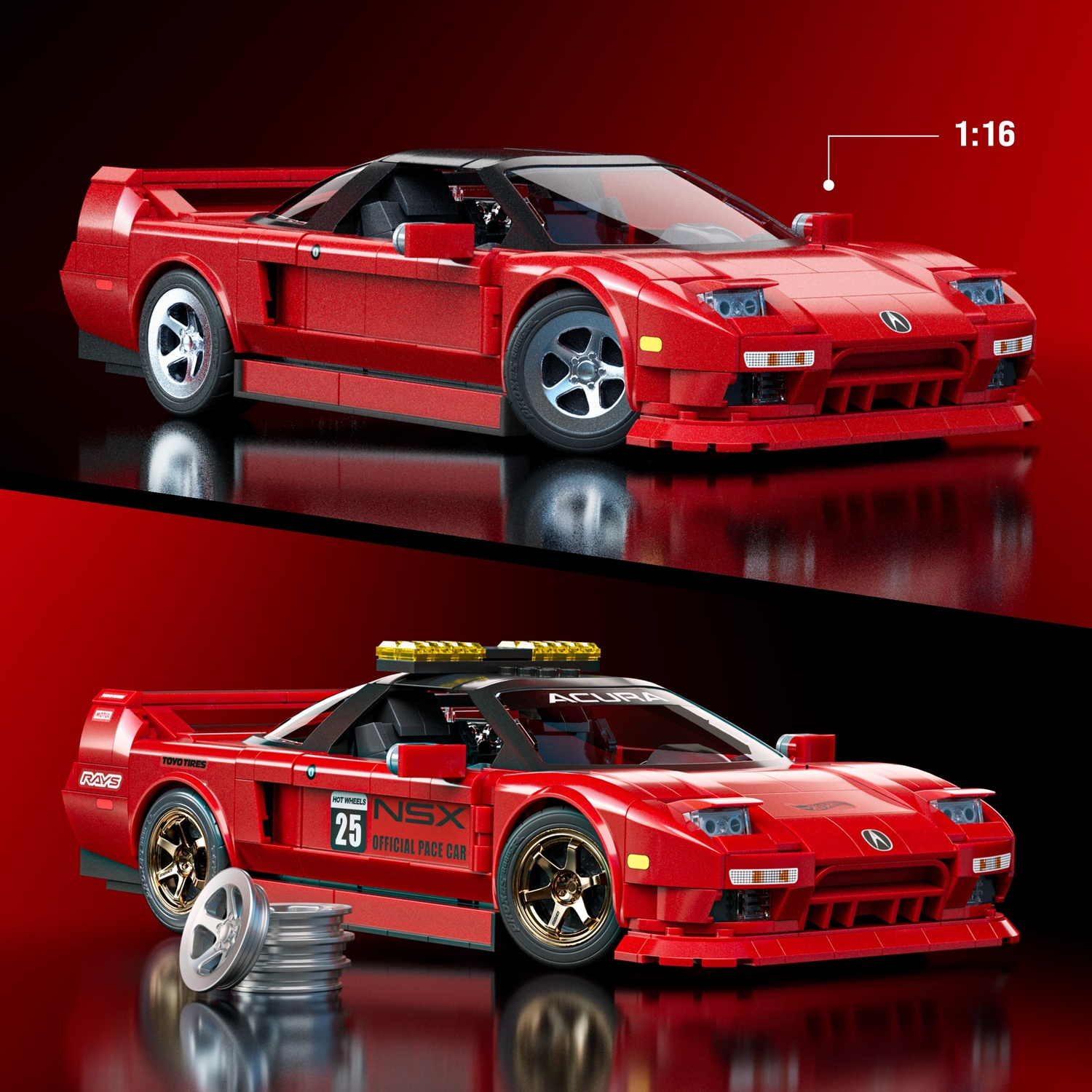 Due modelli di auto sportive Lego rosse: sopra NSX, sotto pace car con accessori.