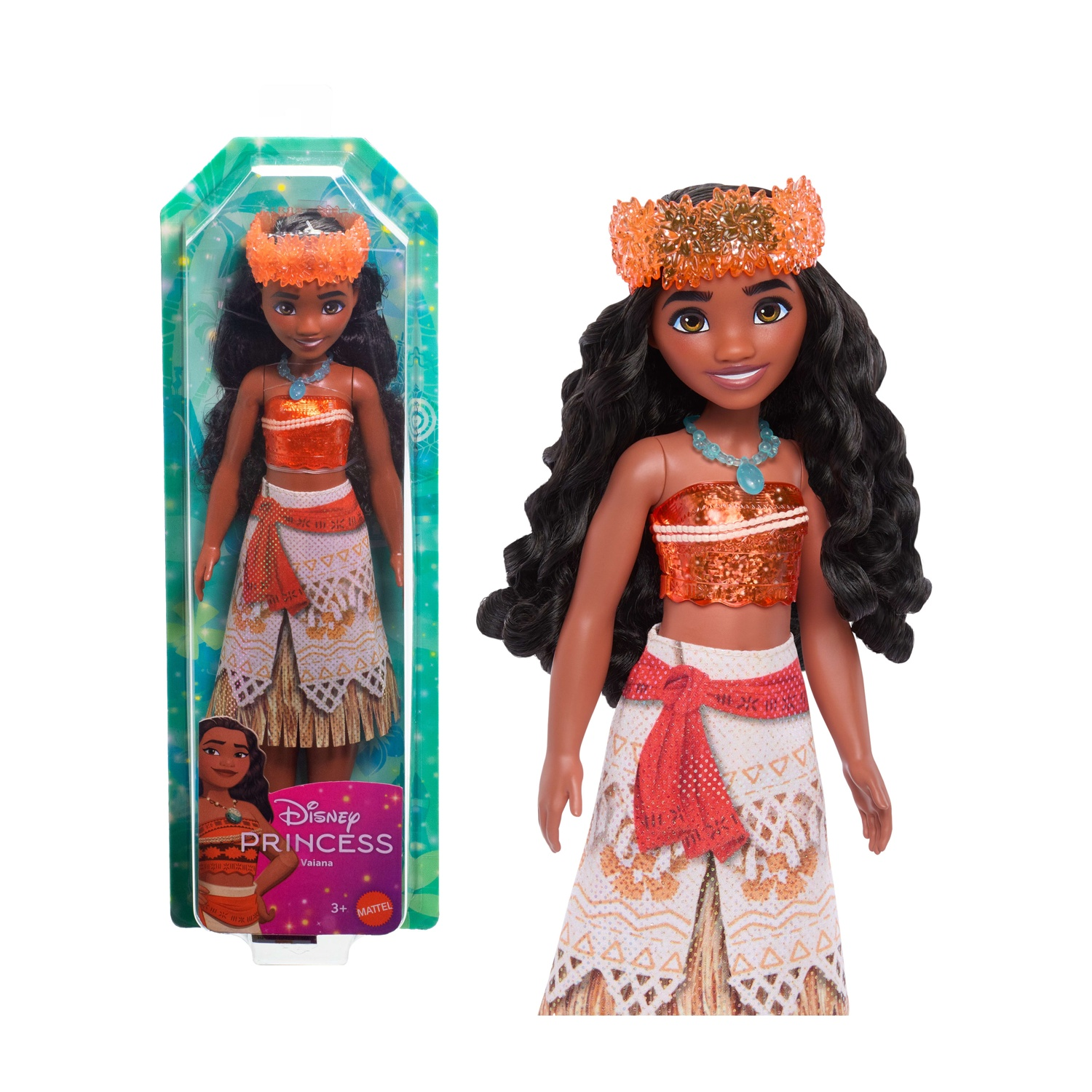 Bambola Moana in confezione ed esposta. Indossa top arancione, gonna fantasia e corona.