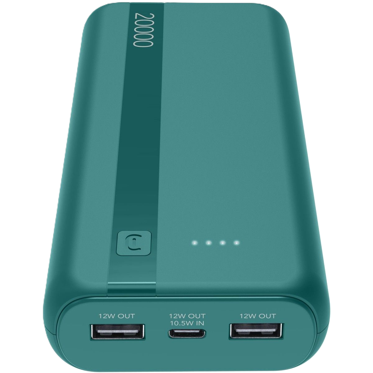 Türkiser Powerbank mit 20000 Kapazität. Hat USB-A und USB-C Anschlüsse.