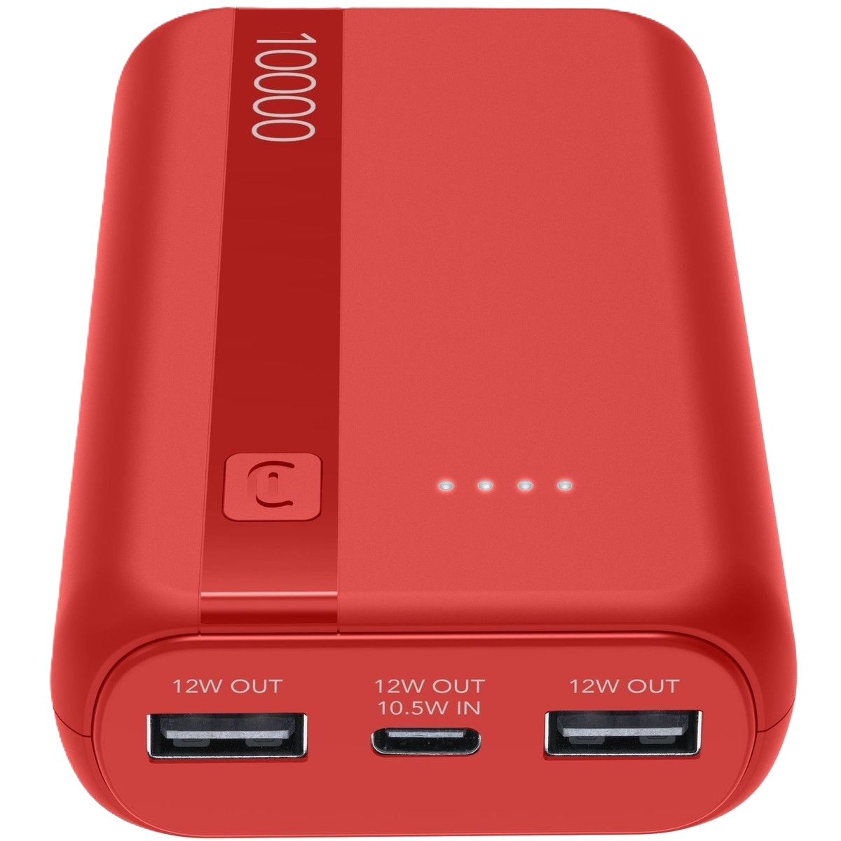 Rotes 10000mAh Powerbank mit USB-Ports und Ladeanzeige.