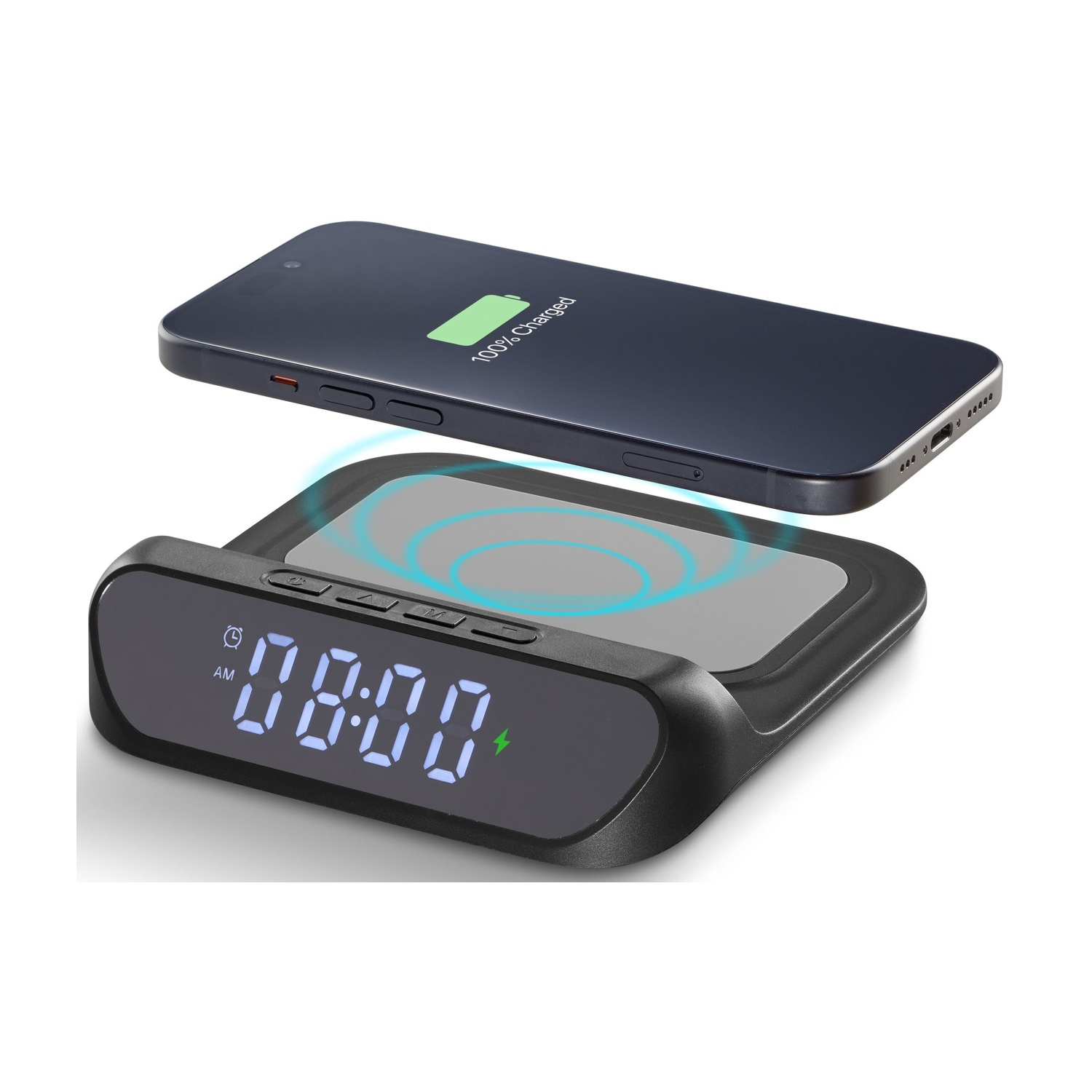 Uno smartphone nero si carica su una base di ricarica wireless nera con orologio digitale.
