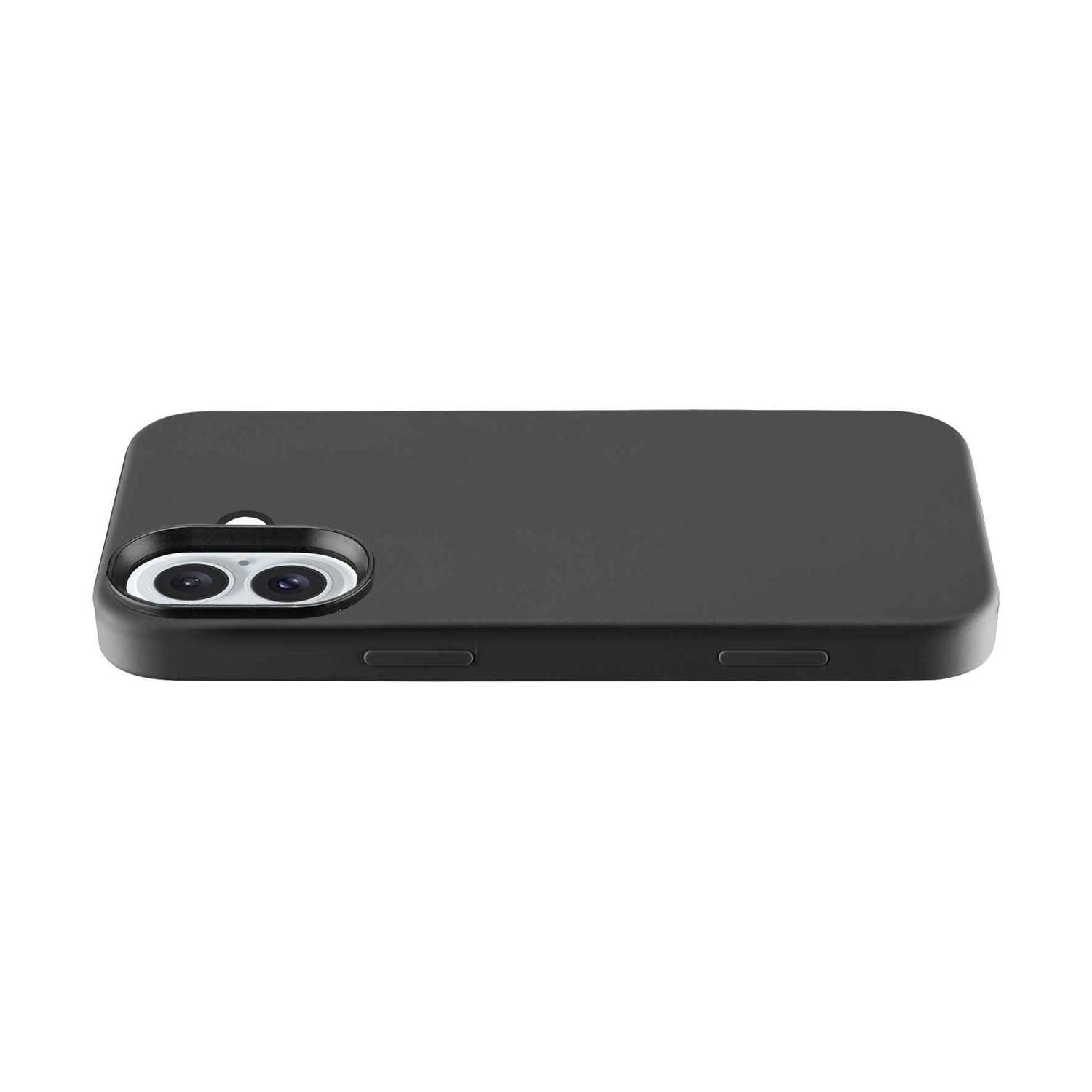 Custodia nera per telefono con ritaglio fotocamera e pulsanti laterali.