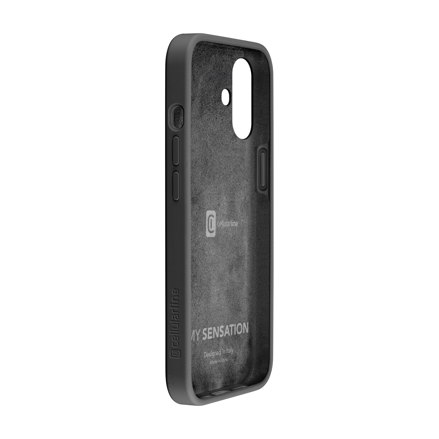Custodia grigio scuro con ritagli per fotocamera e pulsanti.