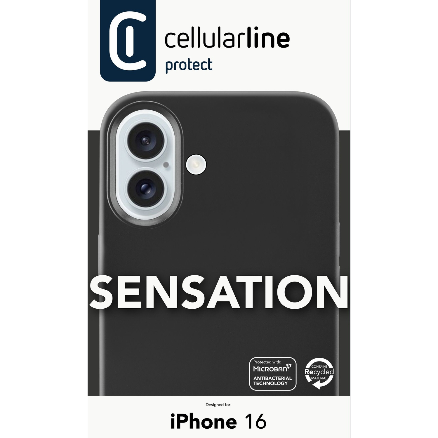 Confezione cover nera iPhone 16. Logo Cellularline, testo SENSATION, Microban, materiale riciclato.