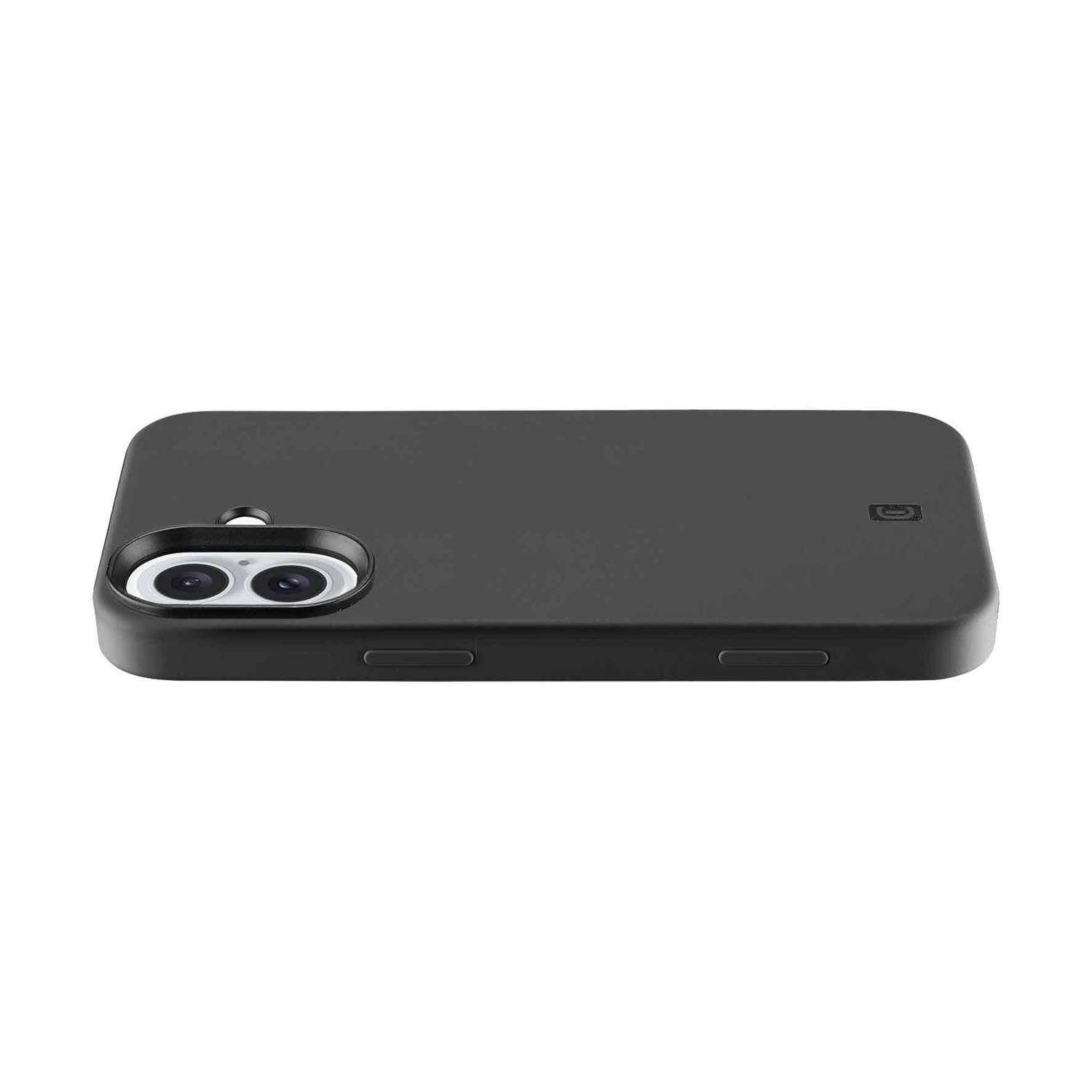 Cover nera per telefono con doppia apertura fotocamera e logo.