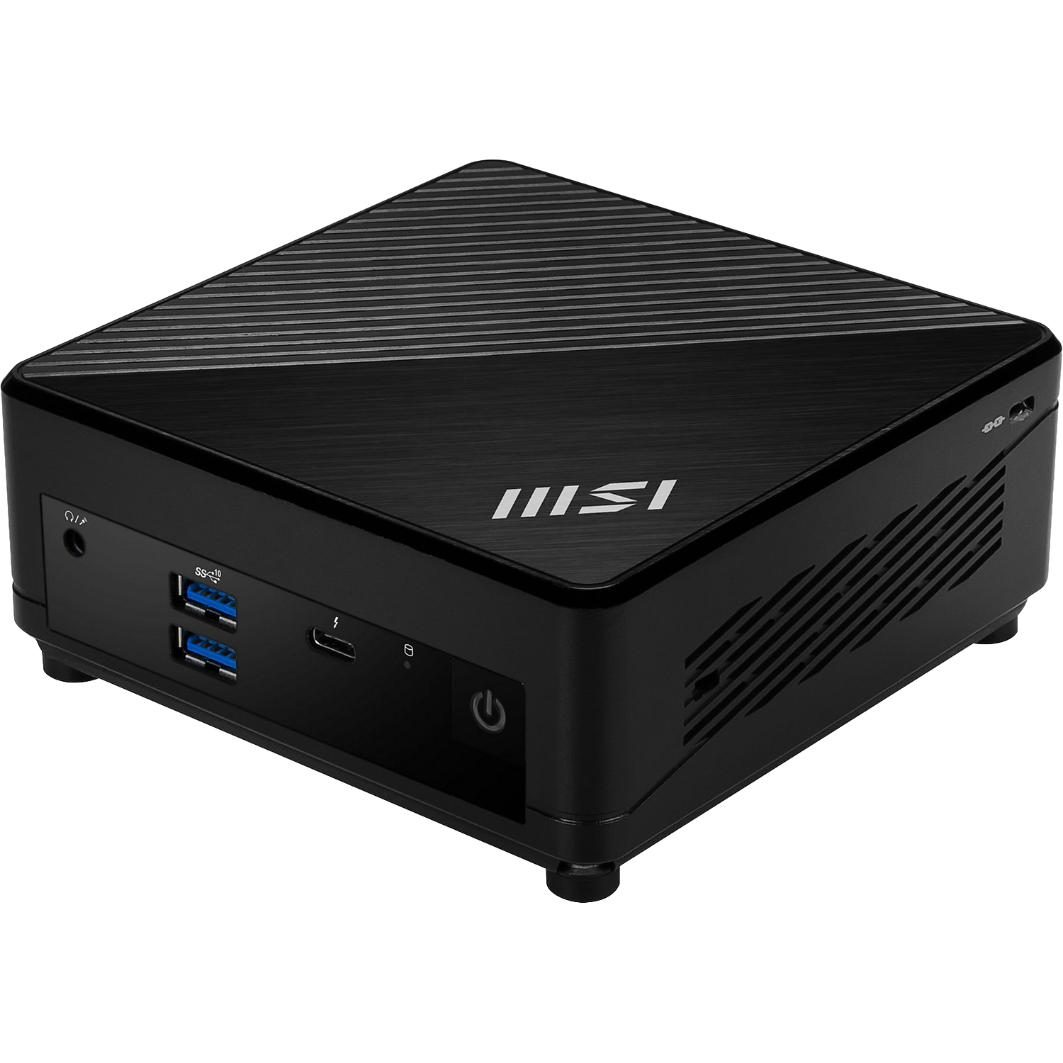 Mini PC noir avec surface brossée, ports USB et bouton d'alimentation.