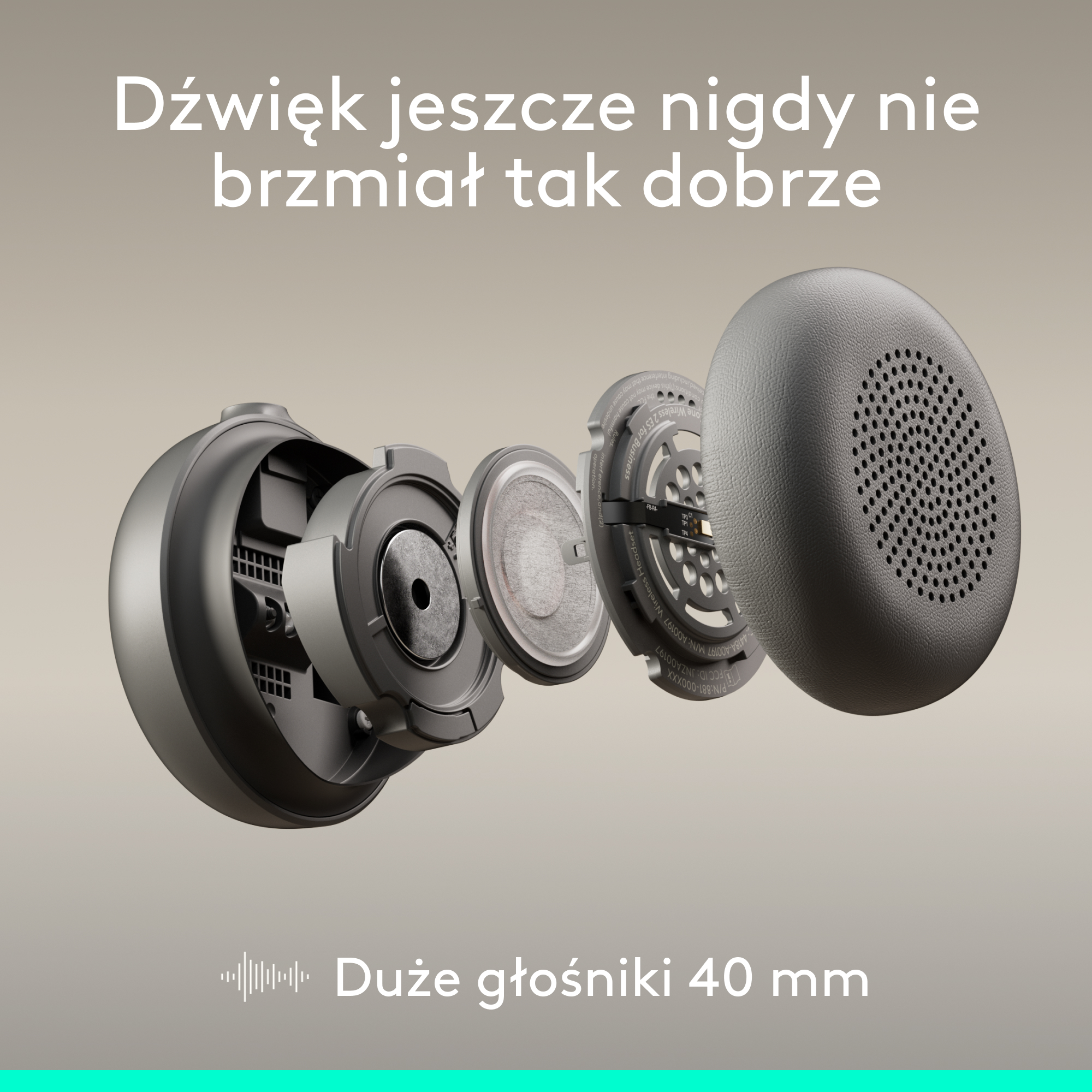 Widok rozstrzelony słuchawek z przetwornikami 40 mm i tekstem.