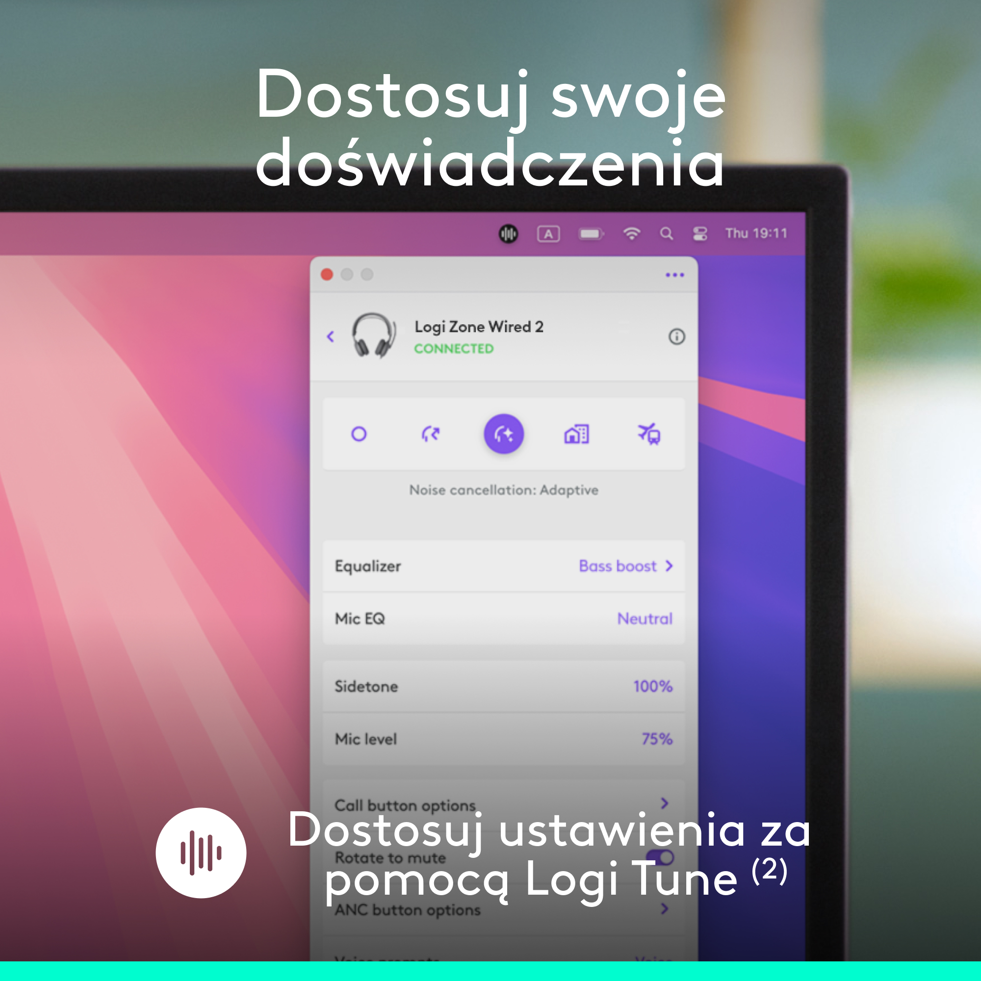 Aplikacja Logi Tune na Macu z ustawieniami słuchawek, w tym opcją Bass Boost.