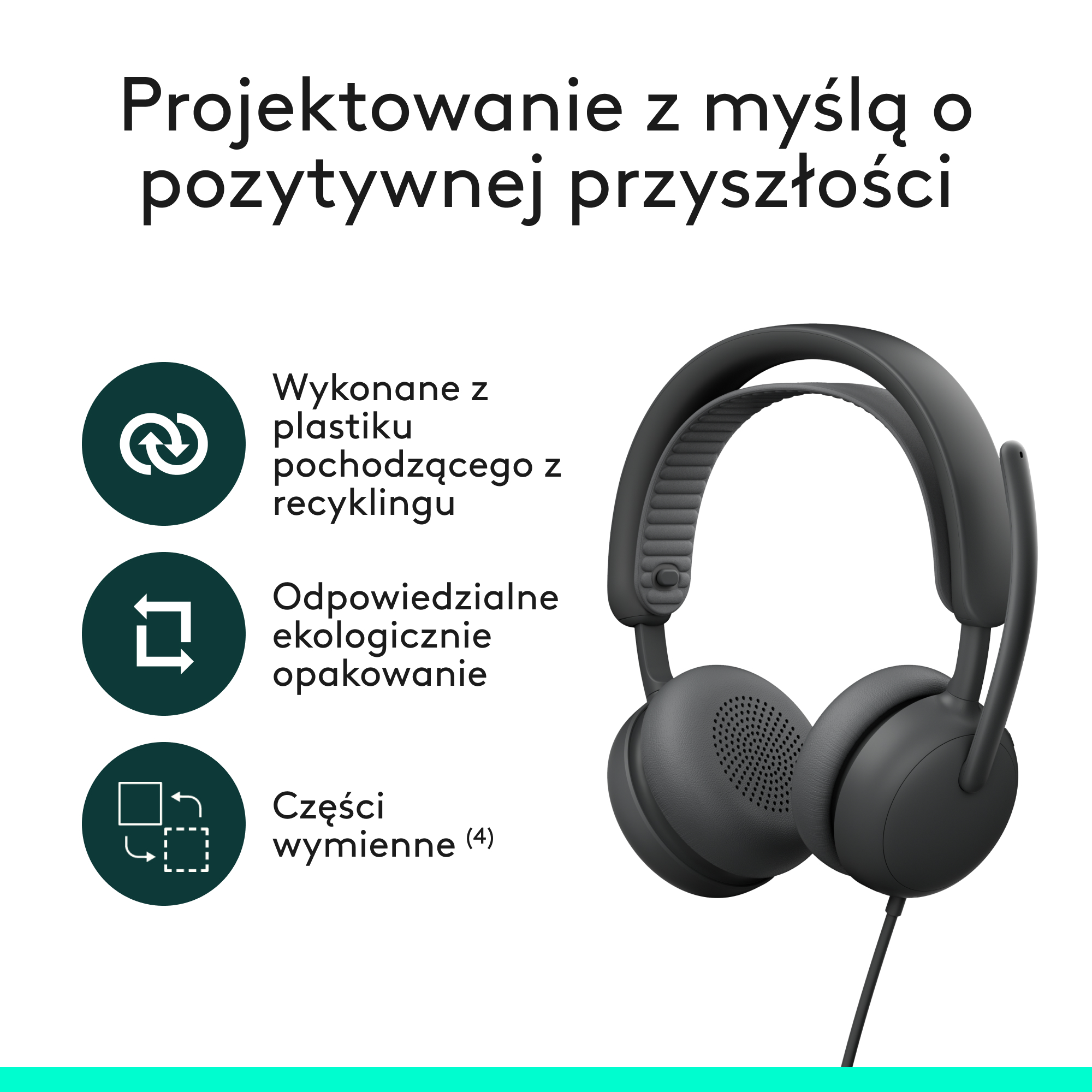 Czarne słuchawki z nausznikami z materiałów pochodzących z recyklingu.