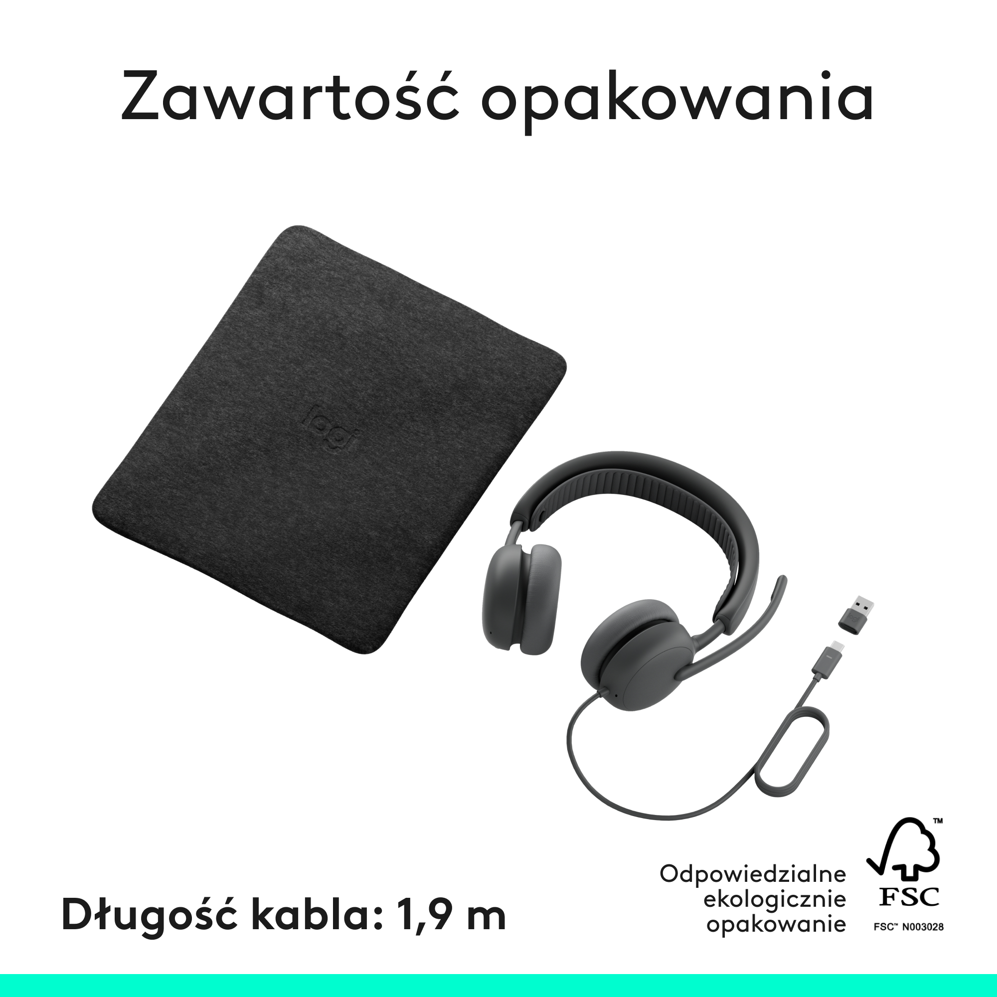 Szare słuchawki Logitech, szara torba i kabel USB-C z adapterem USB.