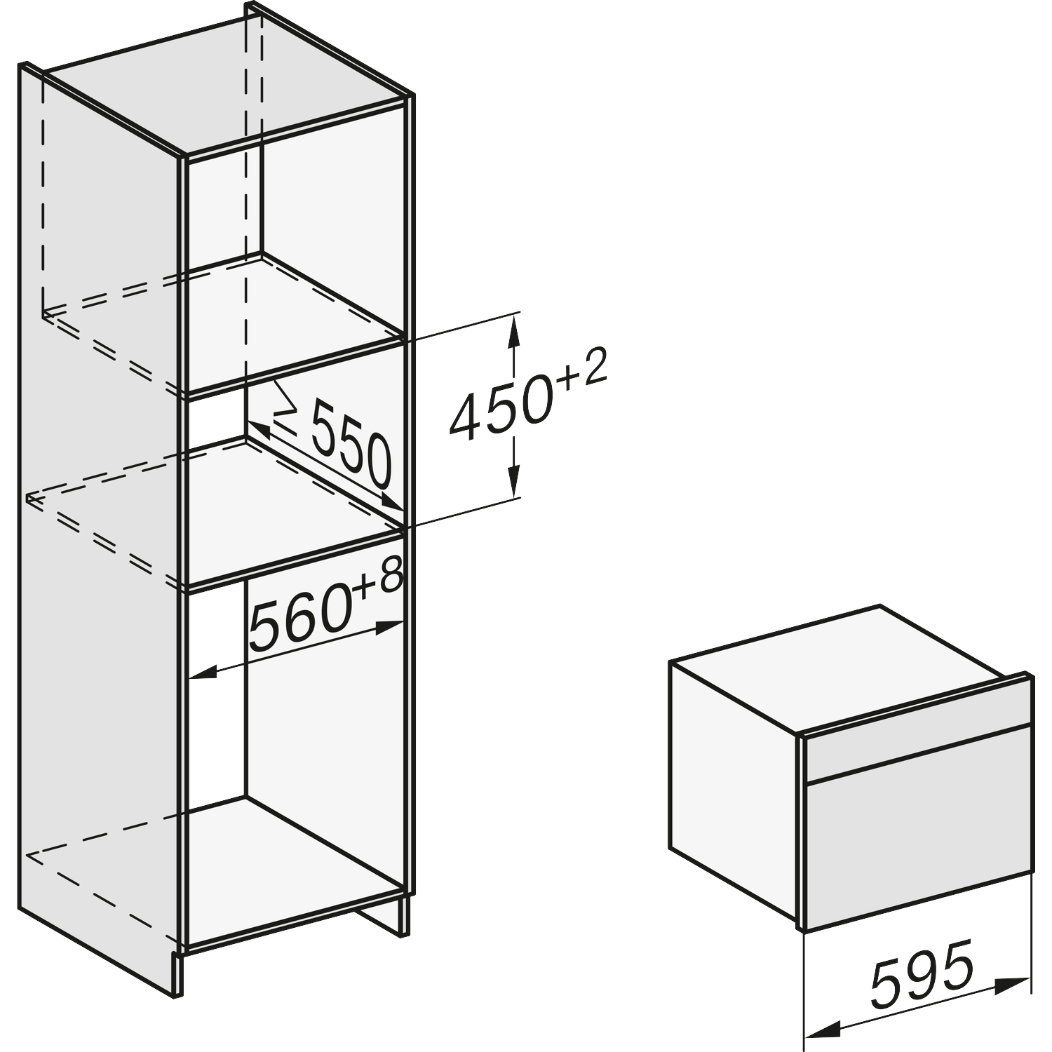 Technische tekening van een kast met afmetingen en een los apparaat.