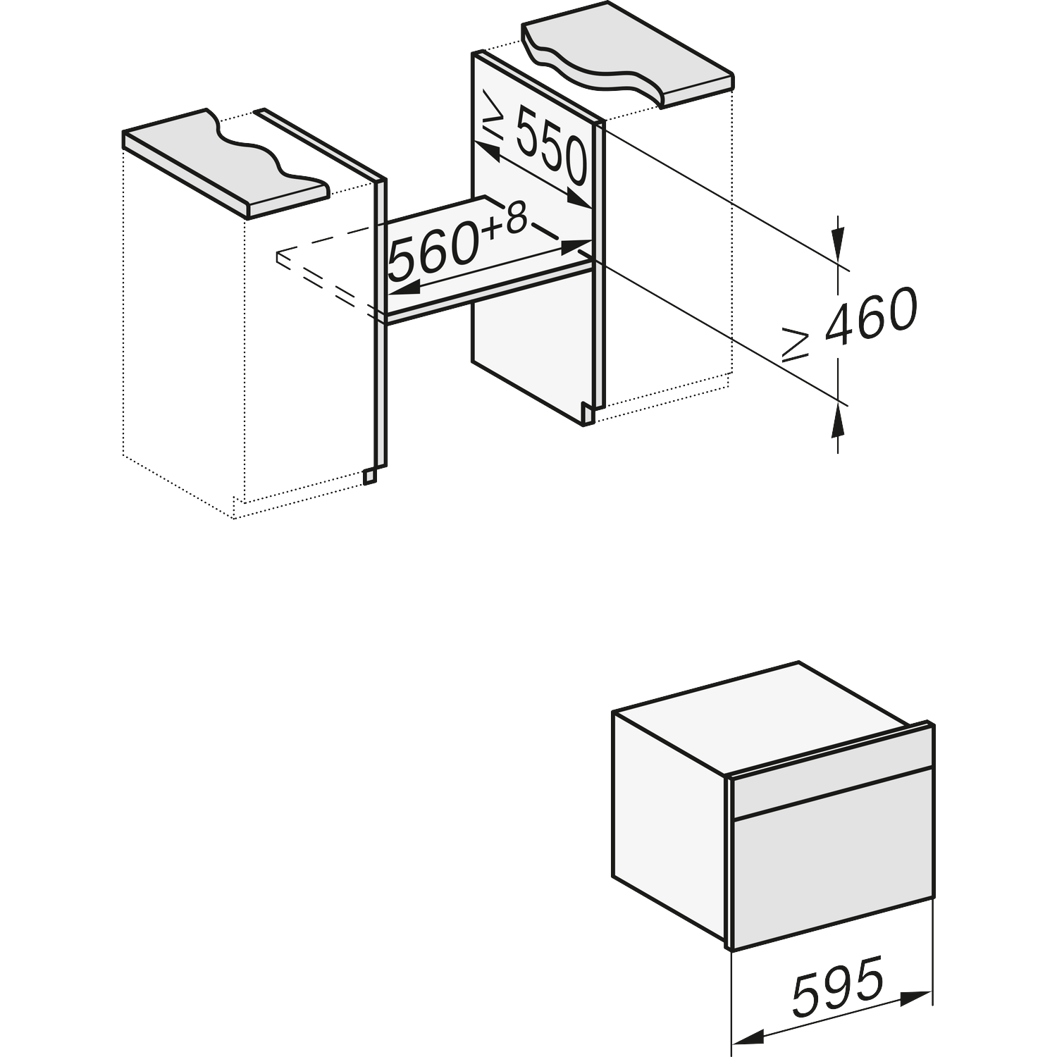 Technische tekening met inbouwmaten, 560+8mm breed, 460mm hoog.