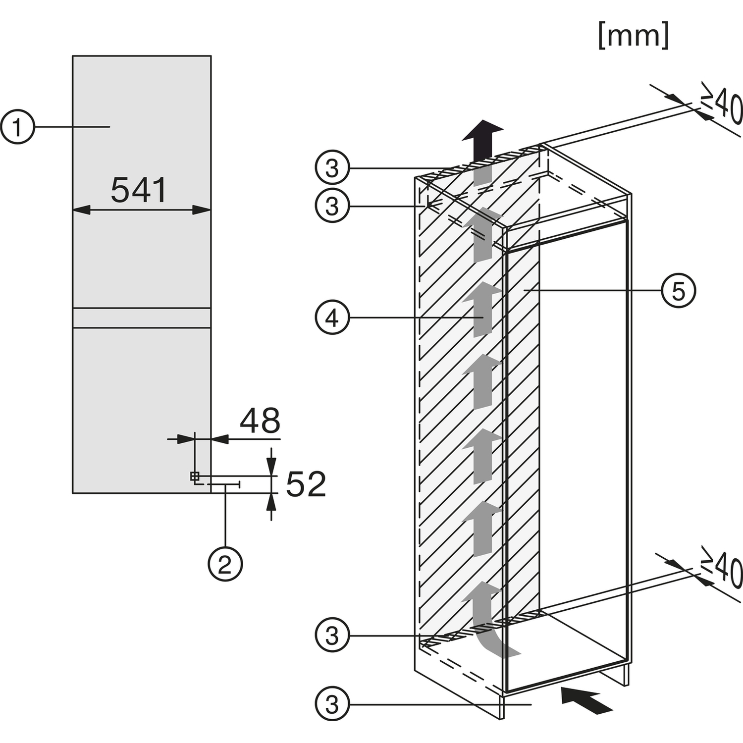 Technical drawing with dimensions and arrows indicating assembly.