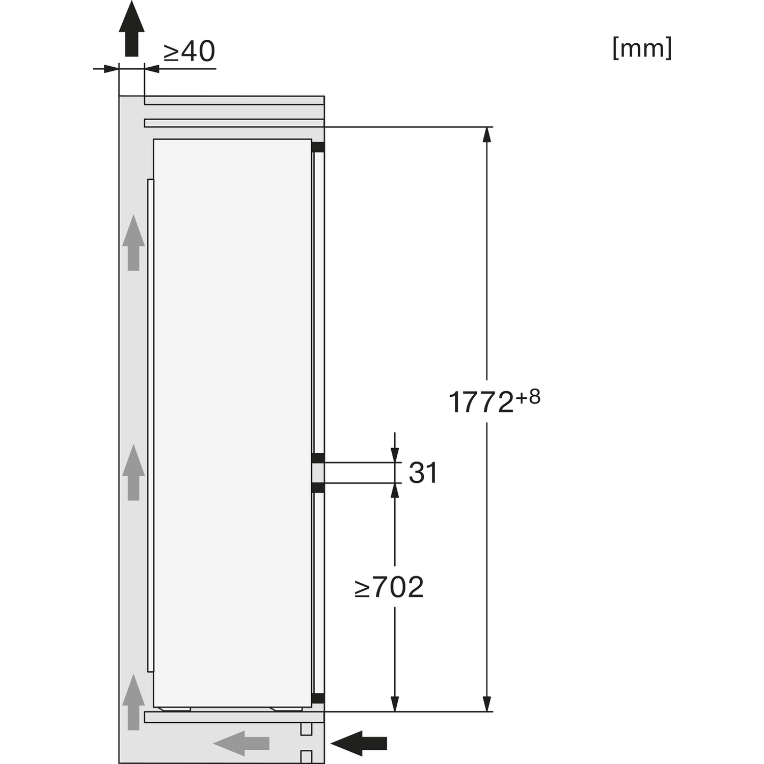 Technical drawing with dimensions in mm for an appliance. Height 1772+8, width 702, depth 31.