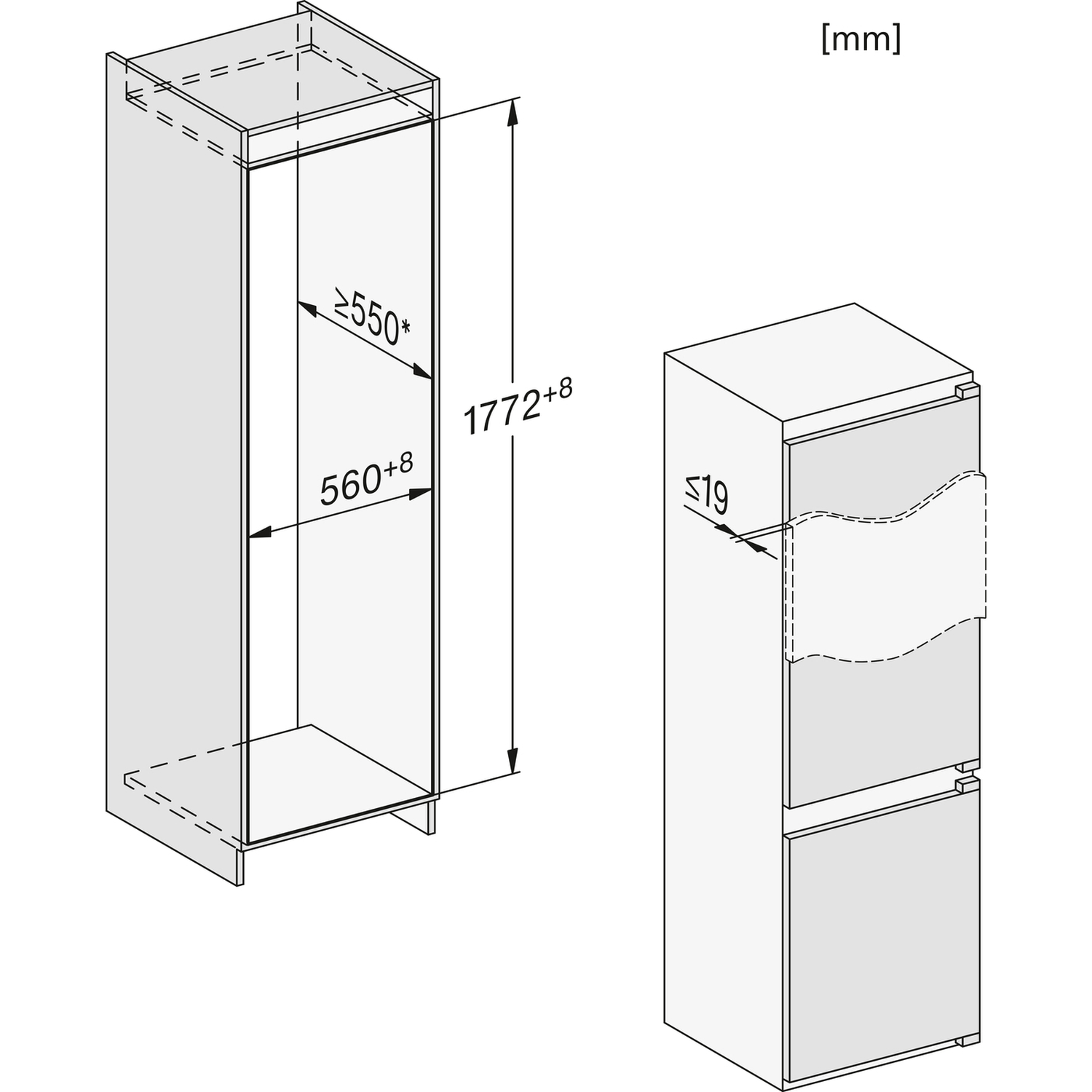 Technical drawing of a built-in appliance with dimensions for height, width, and depth.