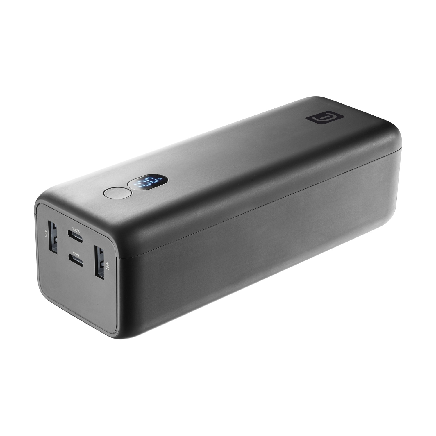Un power bank rettangolare nero con porte USB e display digitale.