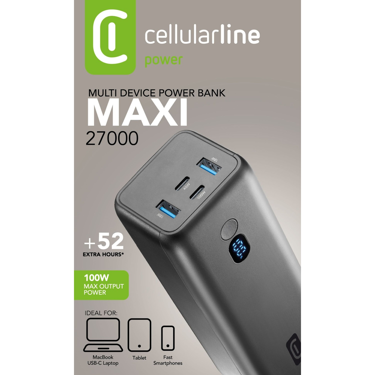Power bank nera Cellularline Maxi 27000 con uscita 100W e display digitale.