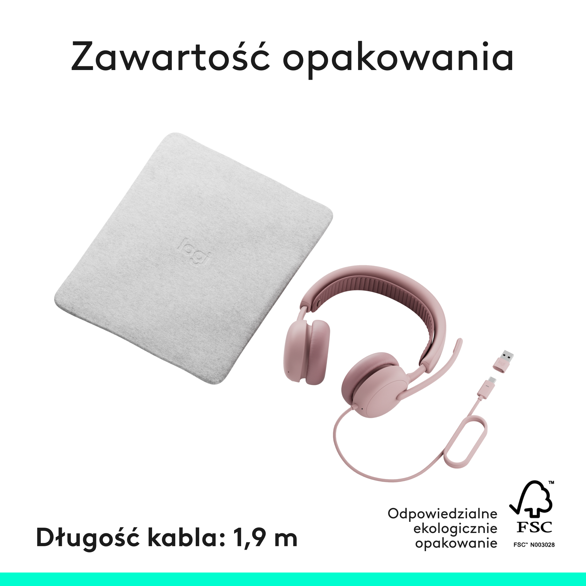 Różowe słuchawki z kablem i szara torba z tkaniny na białym tle.