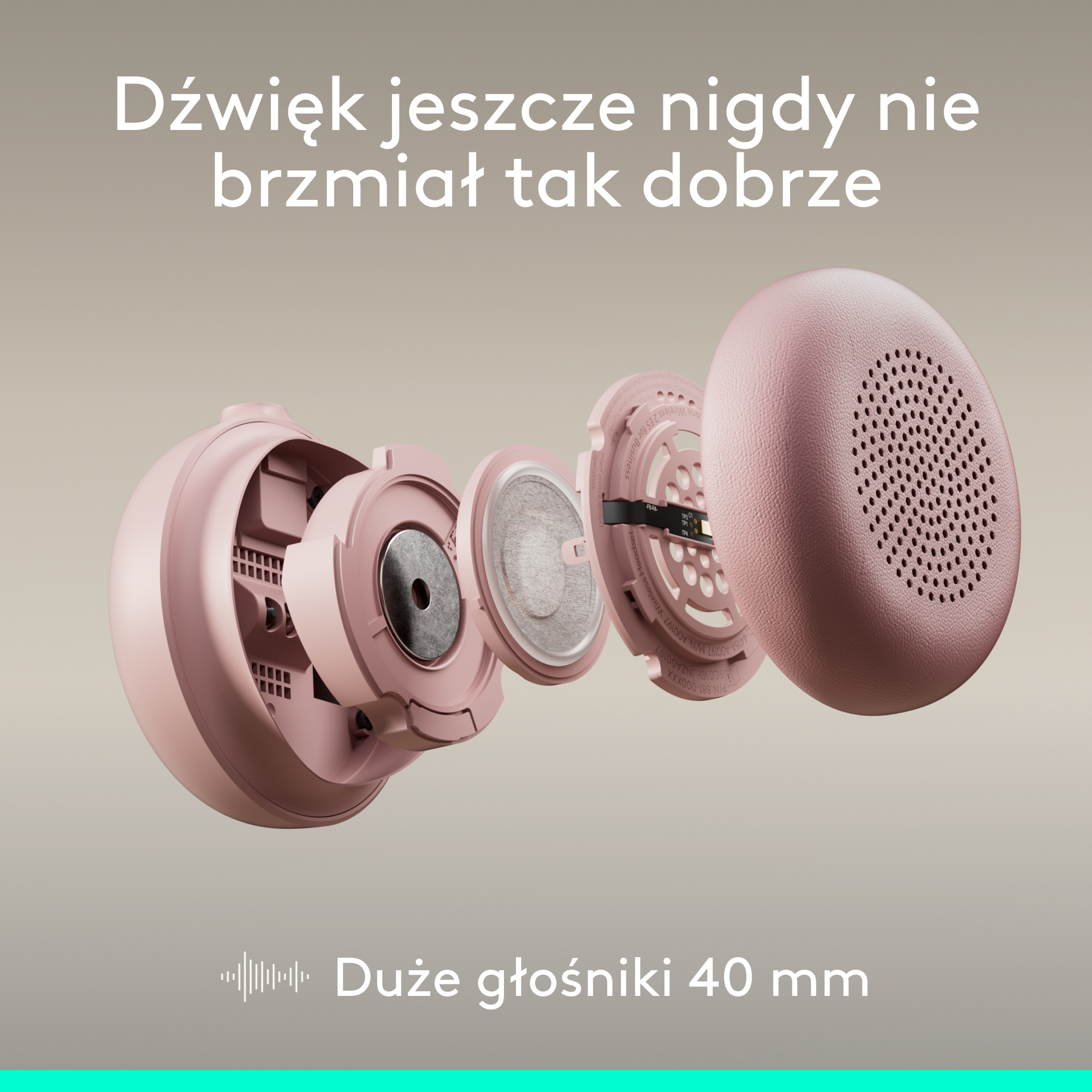 Rozłożone różowe słuchawki z przetwornikami 40 mm i tekstem.
