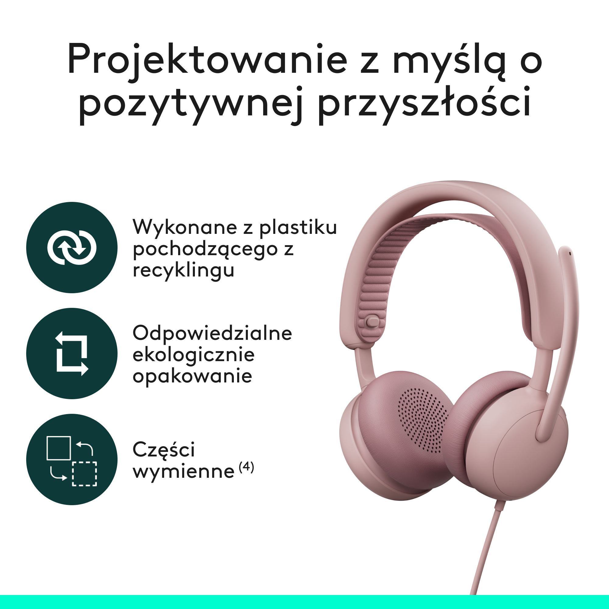 Różowe słuchawki z ikonami recyklingu, ekologicznego opakowania i części zamiennych.