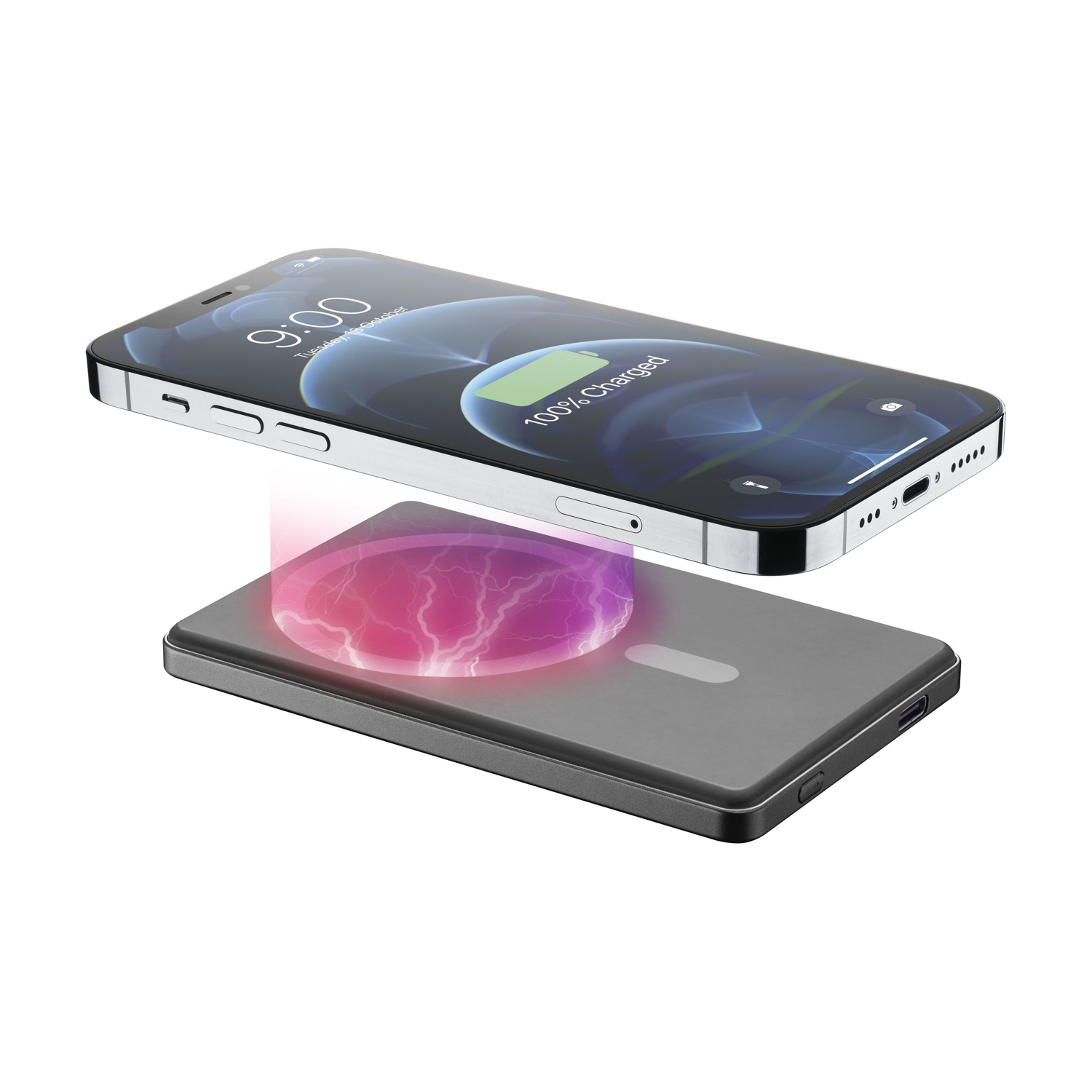 Uno smartphone si ricarica in modalità wireless su un power bank.