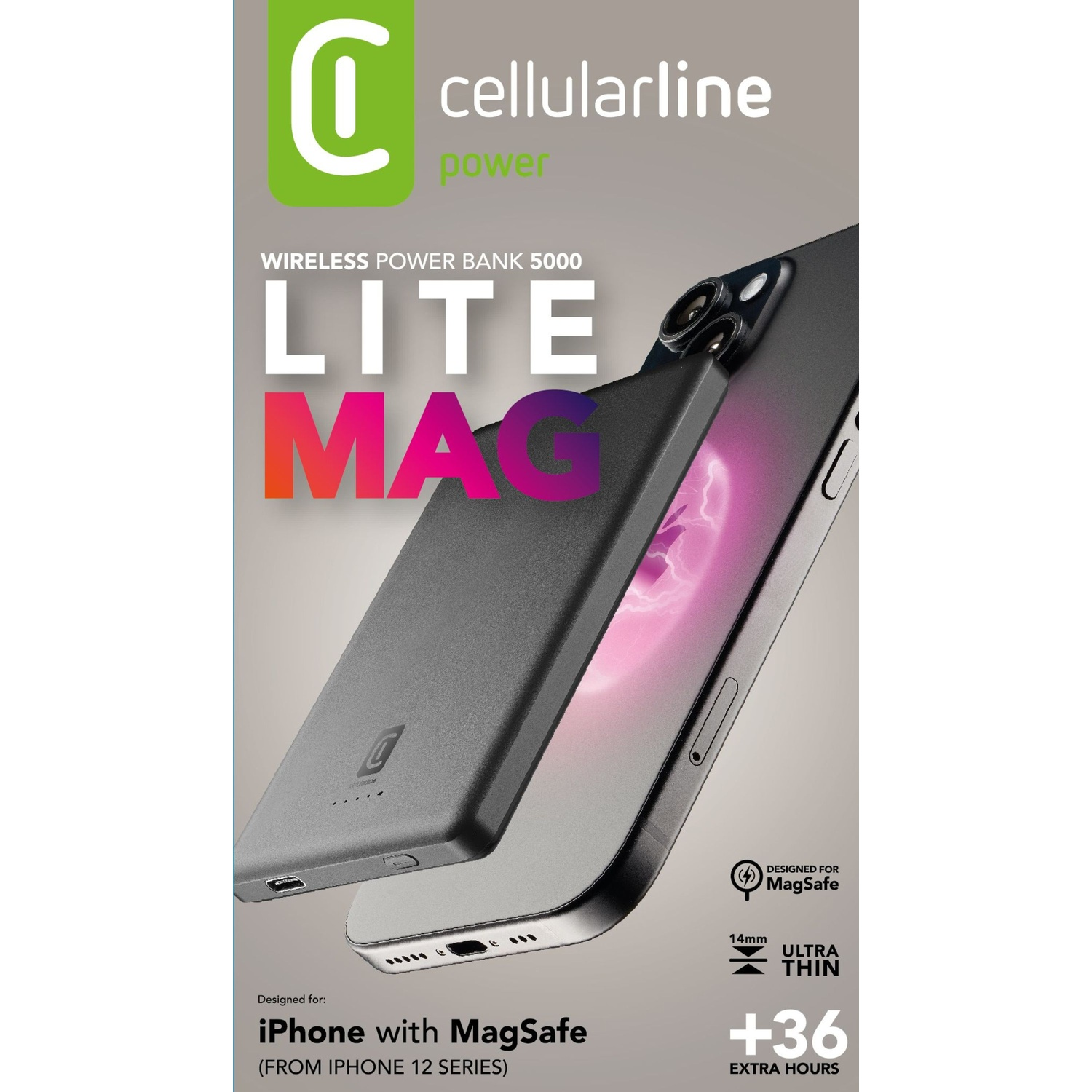 Power Bank Cellularline LITE MAG per iPhone con MagSafe, nero, 5000mAh.
