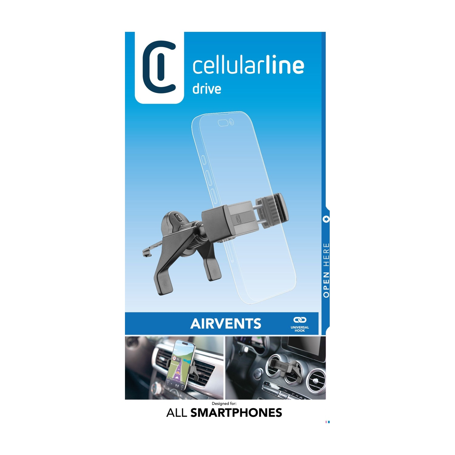 Supporto auto Cellularline per bocchetta aria, per tutti smartphone.