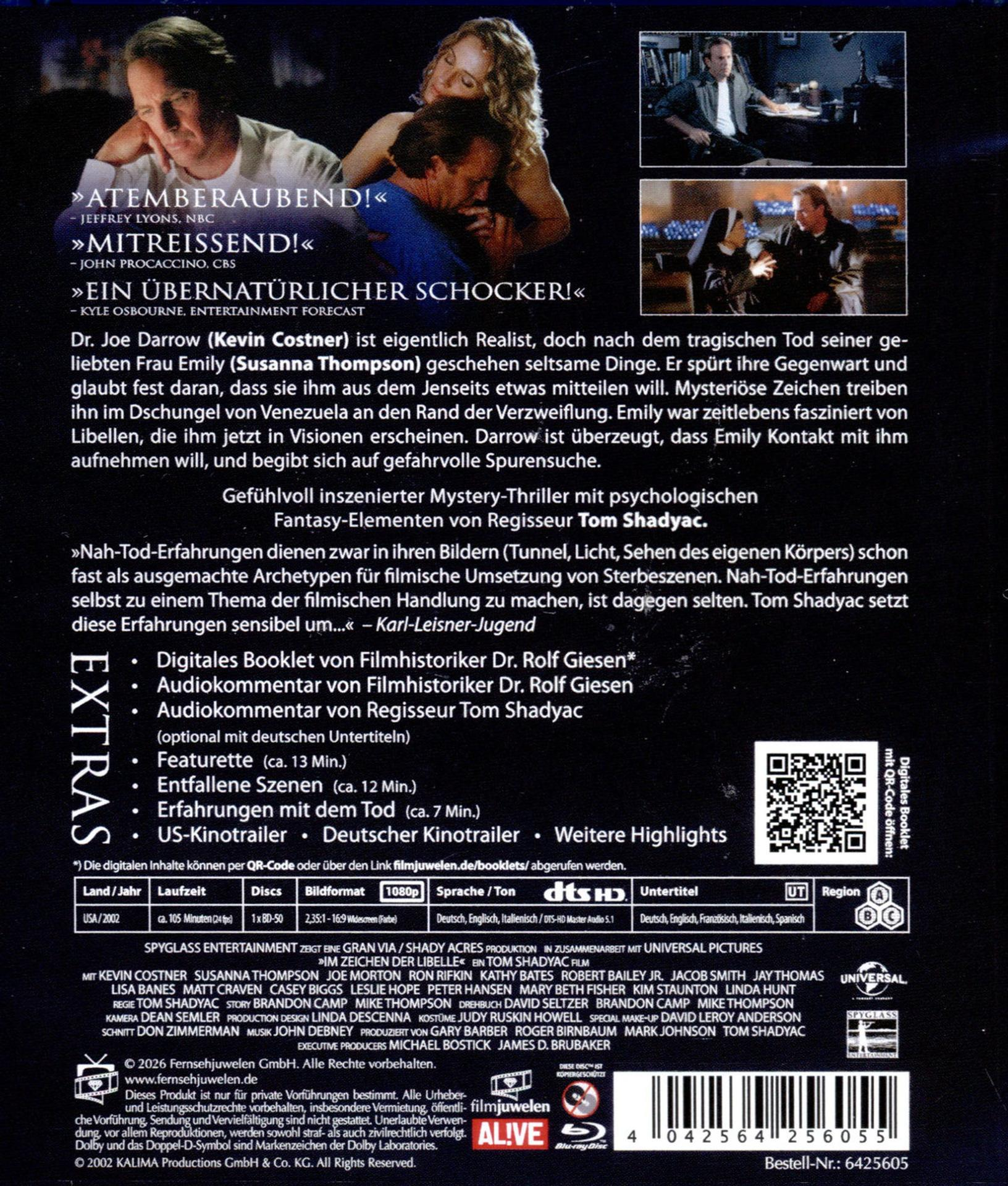 Filmcover mit Kevin Costner und Susanna Thompson, Filmzitate und technische Details.