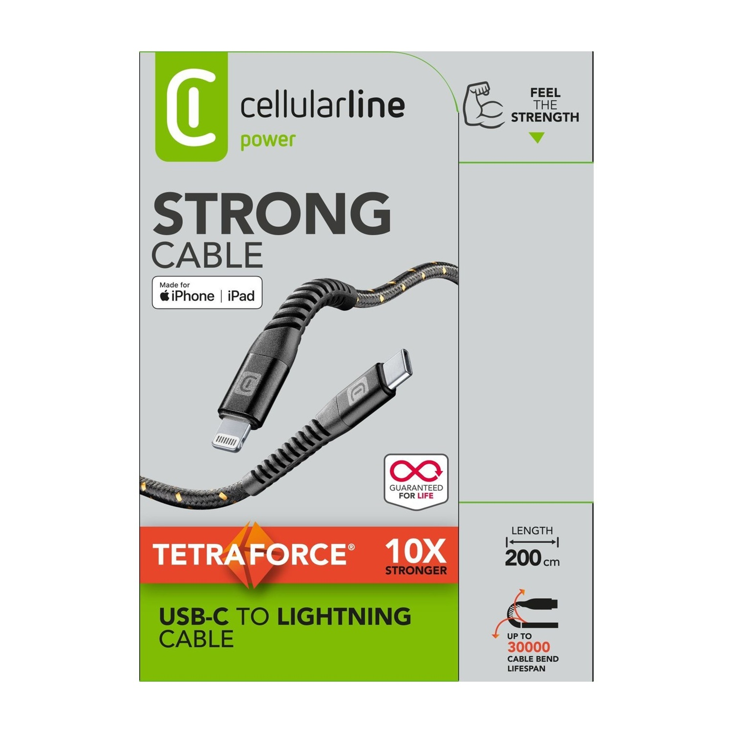 Un robusto cavo USB-C Lightning Cellularline, lungo 200 cm.