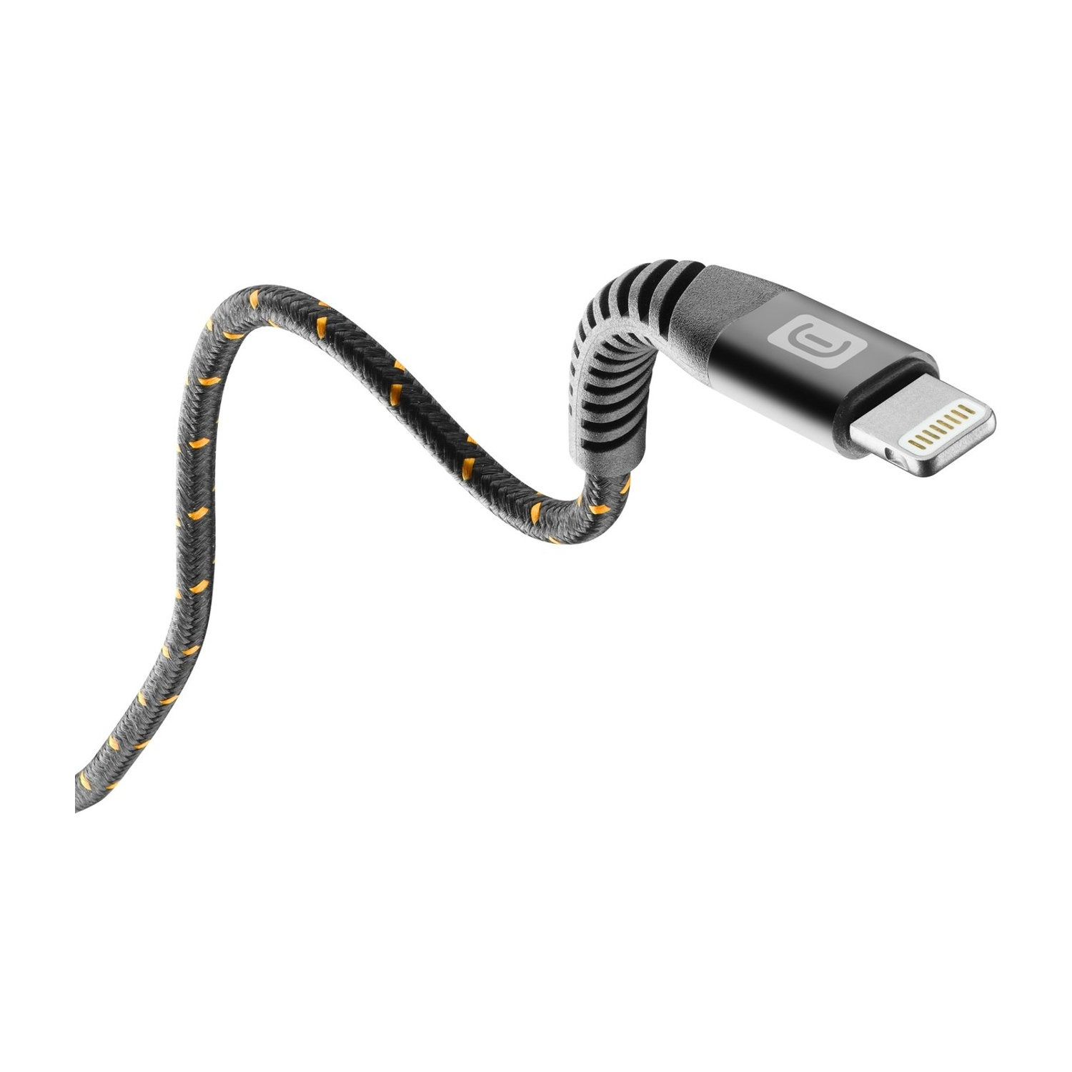 Un cavo di ricarica nero con accenti gialli e un connettore lightning.