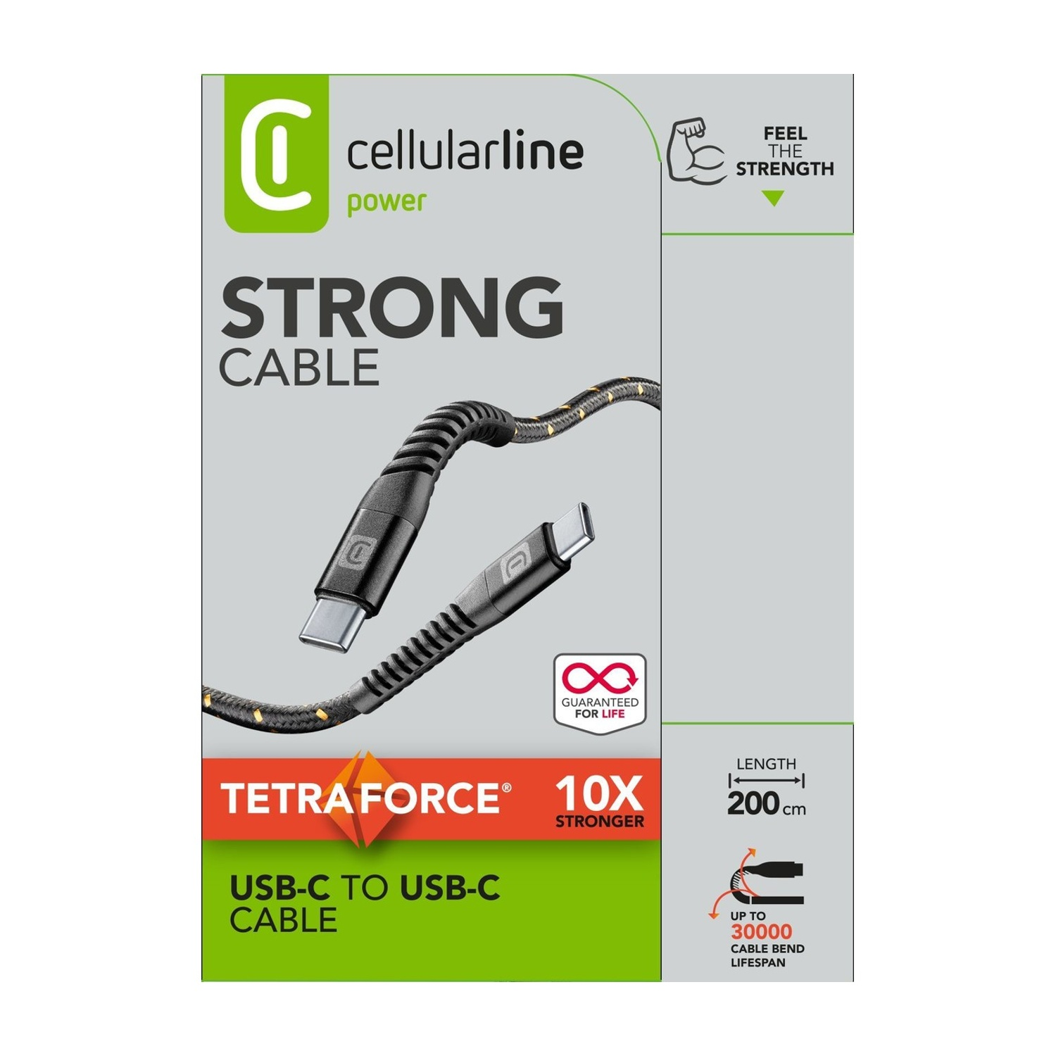 Cavo Cellularline resistente USB-C a USB-C, 200 cm, 10 volte più forte, garantito a vita.
