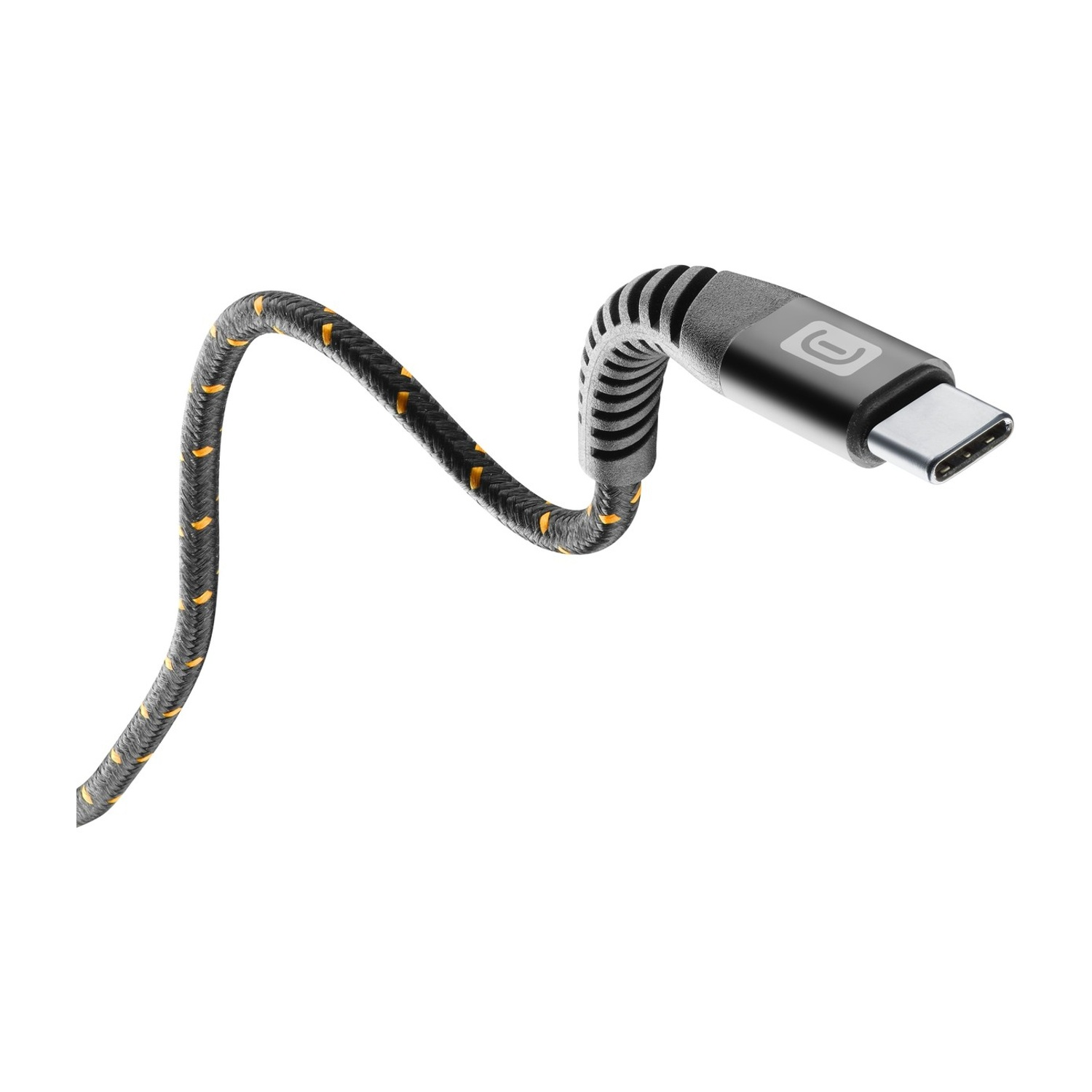 Un cavo USB-C nero con accenti gialli e connettore grigio.