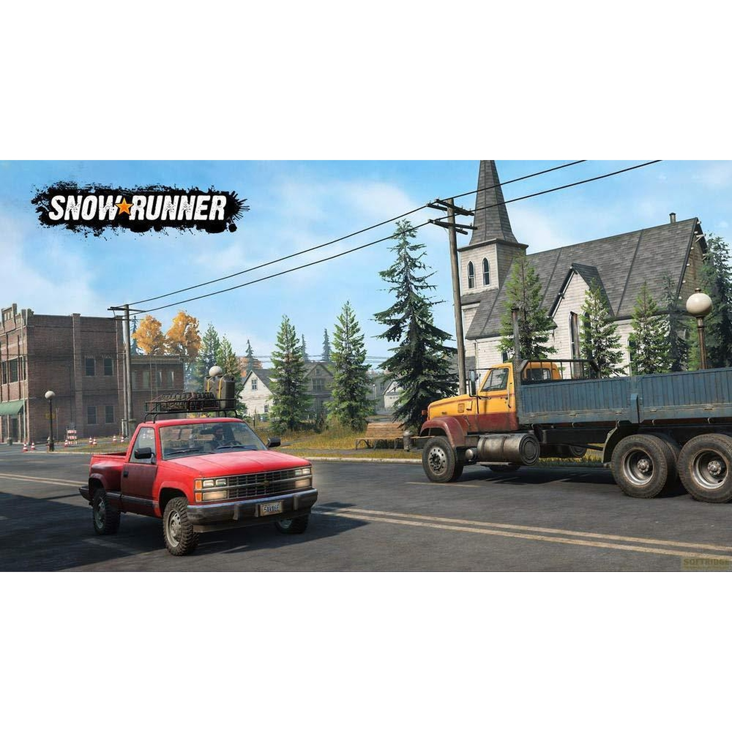 Un pick-up rouge et un camion jaune-rouge roulent sur une route près d'une église et de bâtiments.