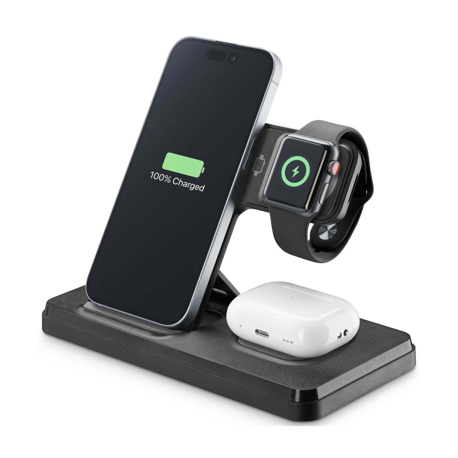 Base di ricarica nera con iPhone, Apple Watch e custodia AirPods.
