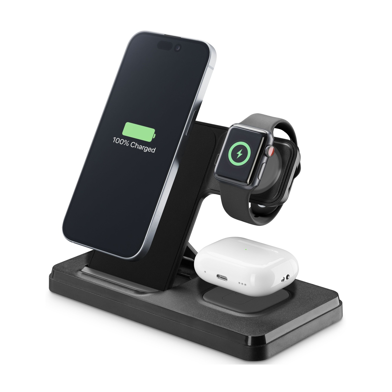 Un supporto di ricarica nero con iPhone, Apple Watch e AirPods.
