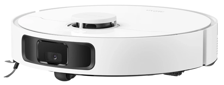 Egy fehér robotporszívó fekete előlapi kamerával és lidar szenzorral a tetején.