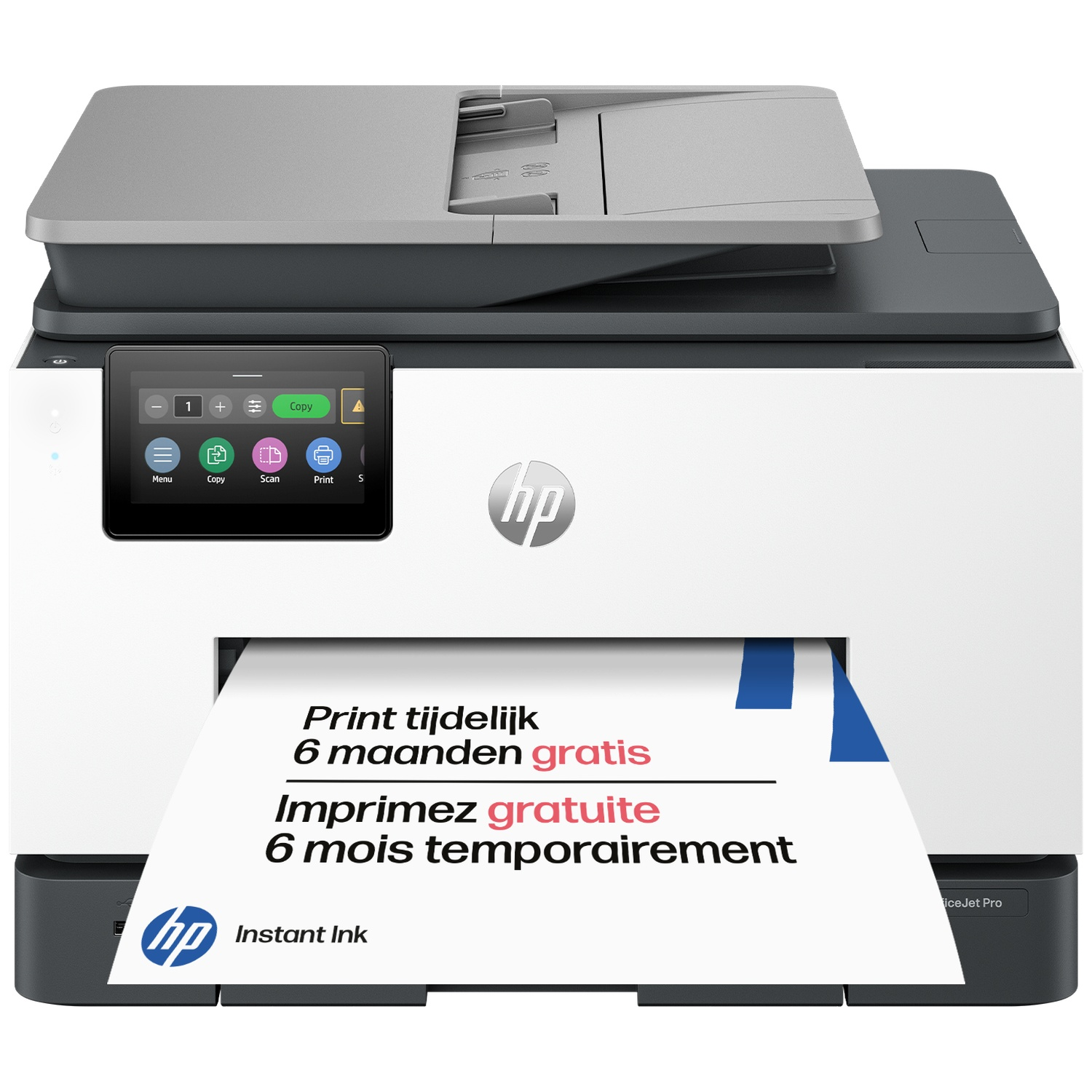 Une imprimante tout-en-un HP avec écran tactile et offre imprimée.