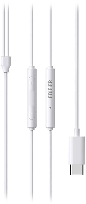 Fehér fejhallgató kábel hangerőszabályzóval és USB-C csatlakozóval.